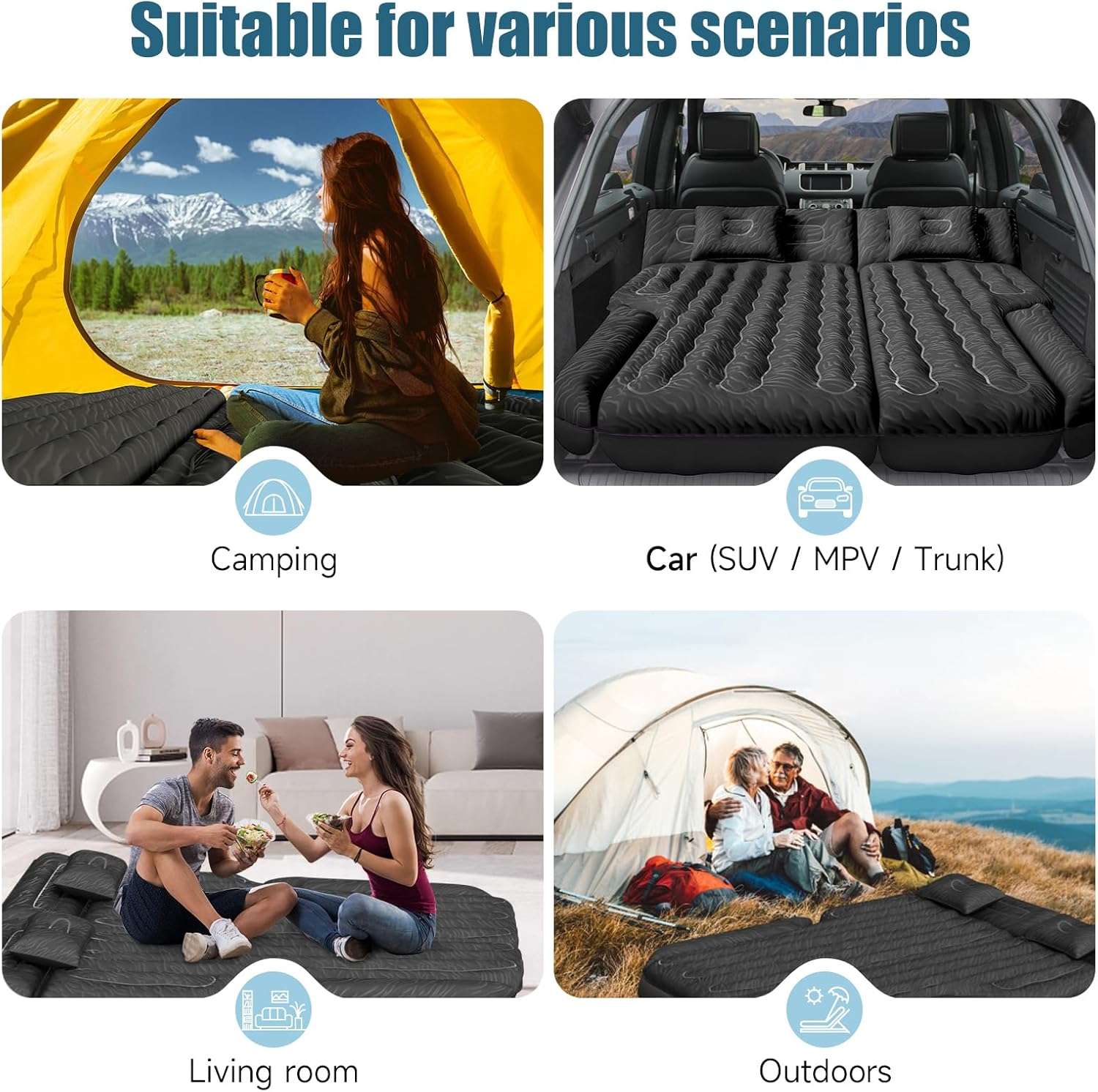 DikaSun 63" Extended SUV Air Mattress – 6-Chamber, Quick Inflate | Pump & 2 Pillows | Black