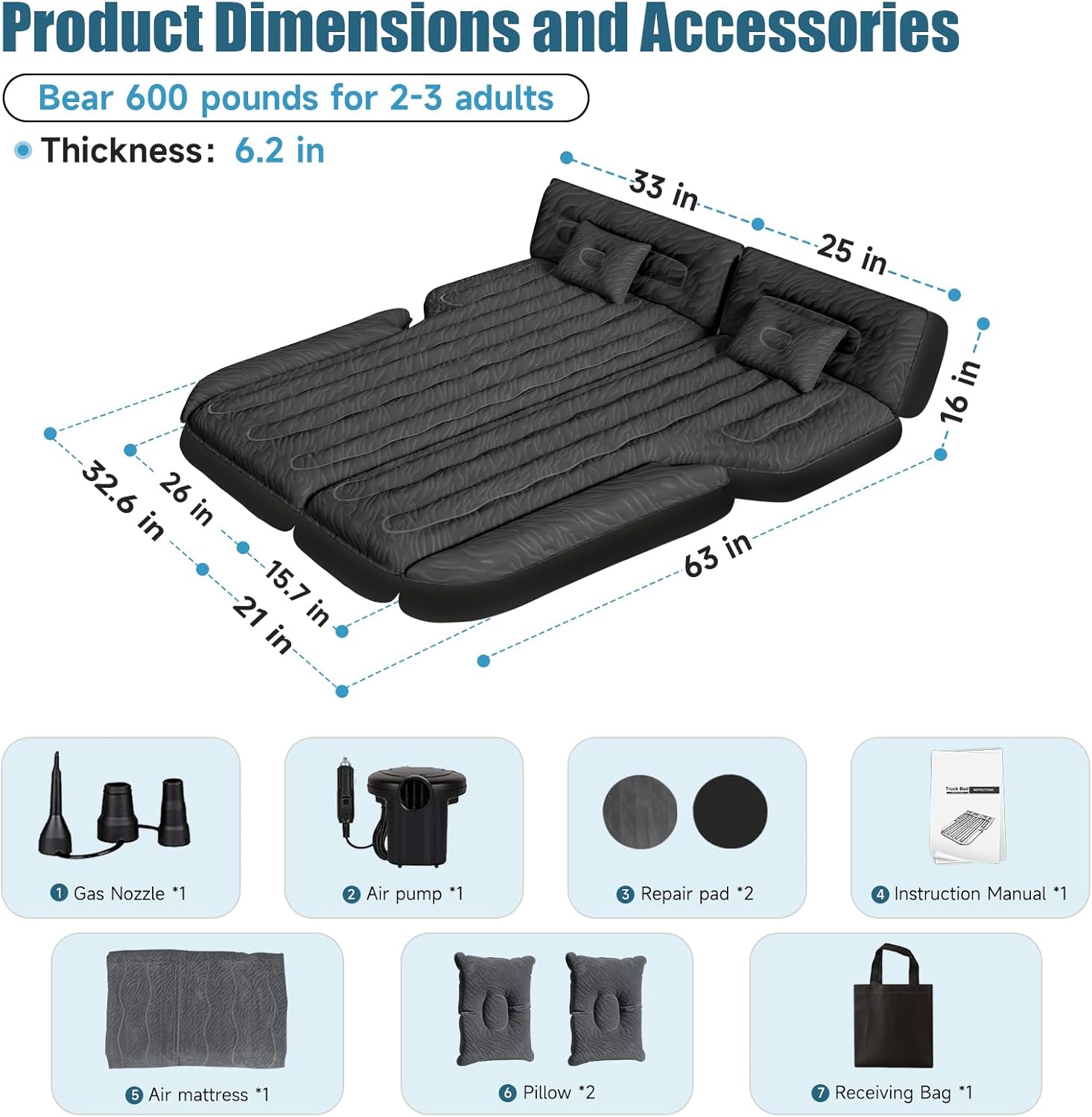 DikaSun 63" Extended SUV Air Mattress – 6-Chamber, Quick Inflate | Pump & 2 Pillows | Black