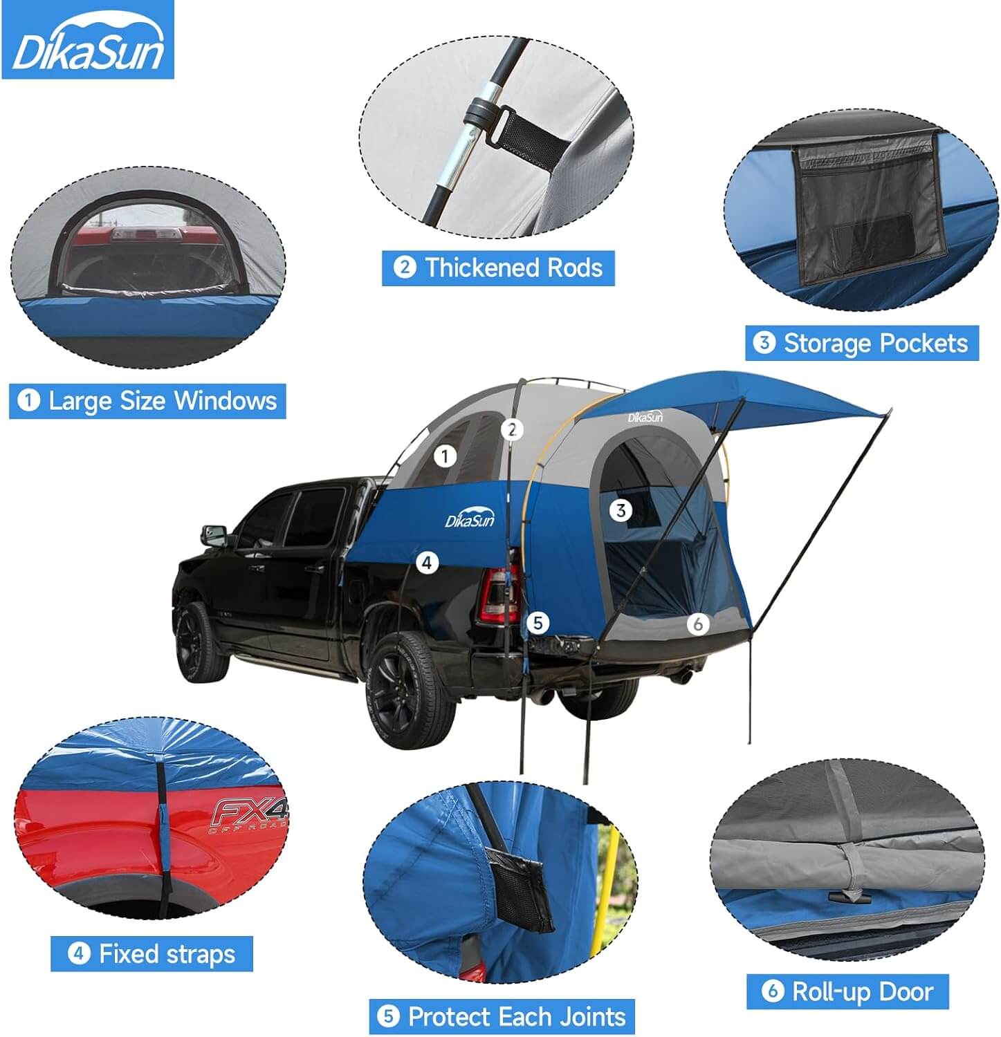 Dikasun Pickup Truck Bed Tent with Awning – Blue | Fits 5.5–6.7 ft Beds
