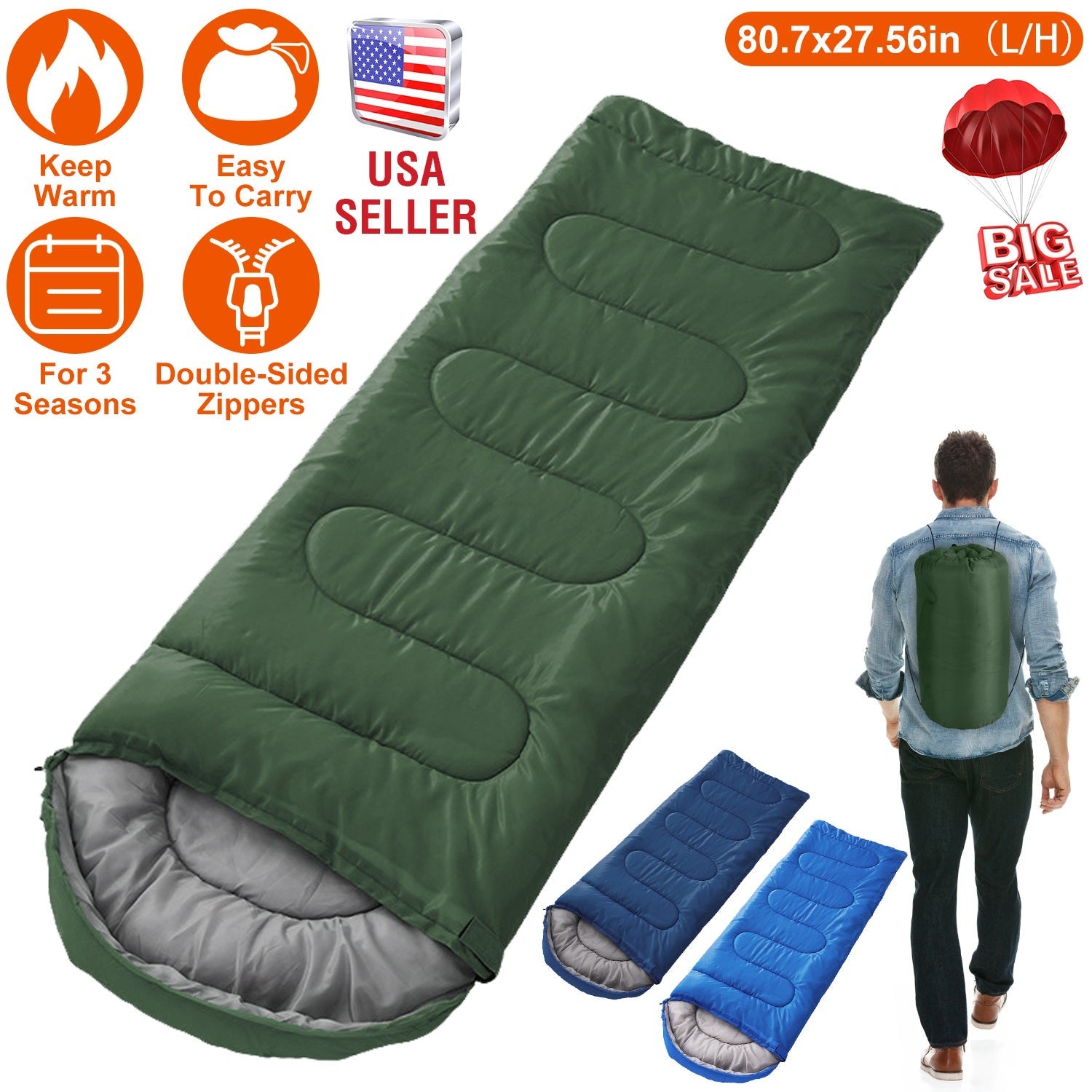 3-Season Sleeping Bag – Lightweight & Moisture-Proof, 32°F–50°F Rated