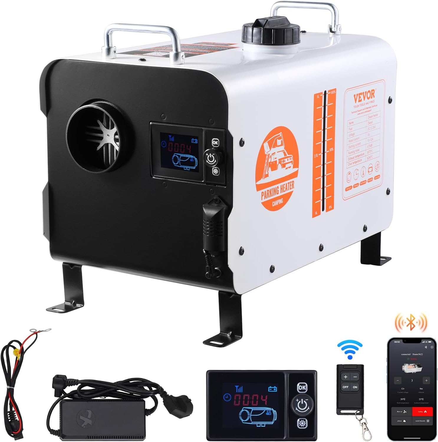 VEVOR Diesel Heater 8KW, DC 12V/24V, All in One Portable Diesel Air Heater with Bluetooth APP Control, Remote Control and LCD Screen, 1.9 Gal Fuel Tank for Trucks, Vans, RVs, Campers, and Garages