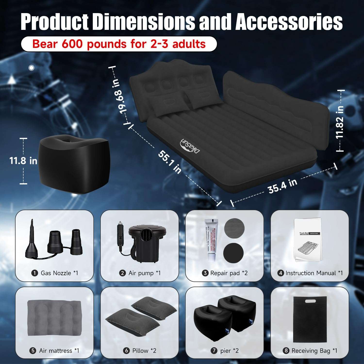 DikaSun Backseat Air Mattress for SUV, Car & Truck – 35.4" Width | Black