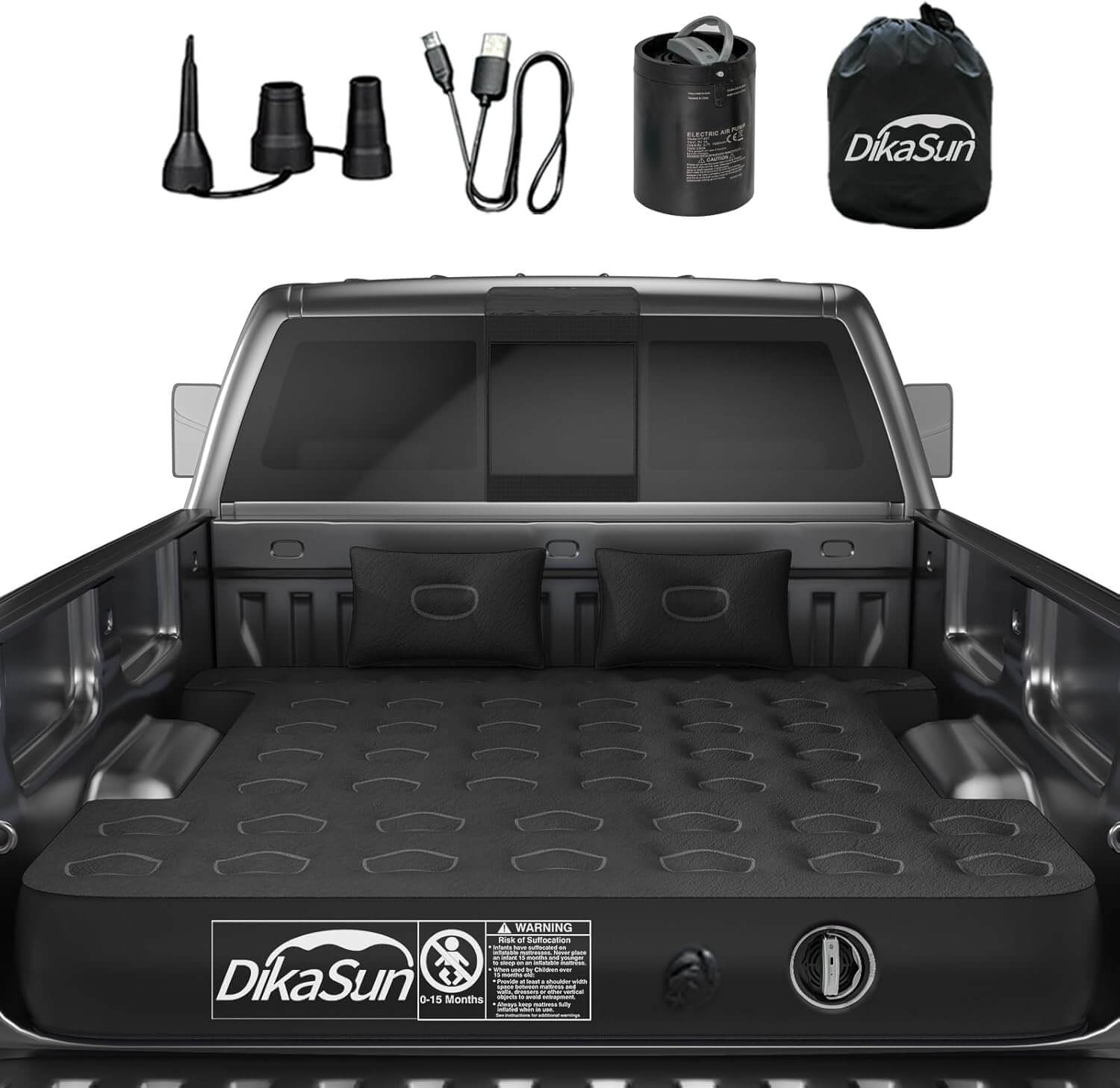 DikaSun Auto-Inflate Truck Bed Air Mattress – Fits 5.5 to 5.8 ft Beds | Built-In Pump