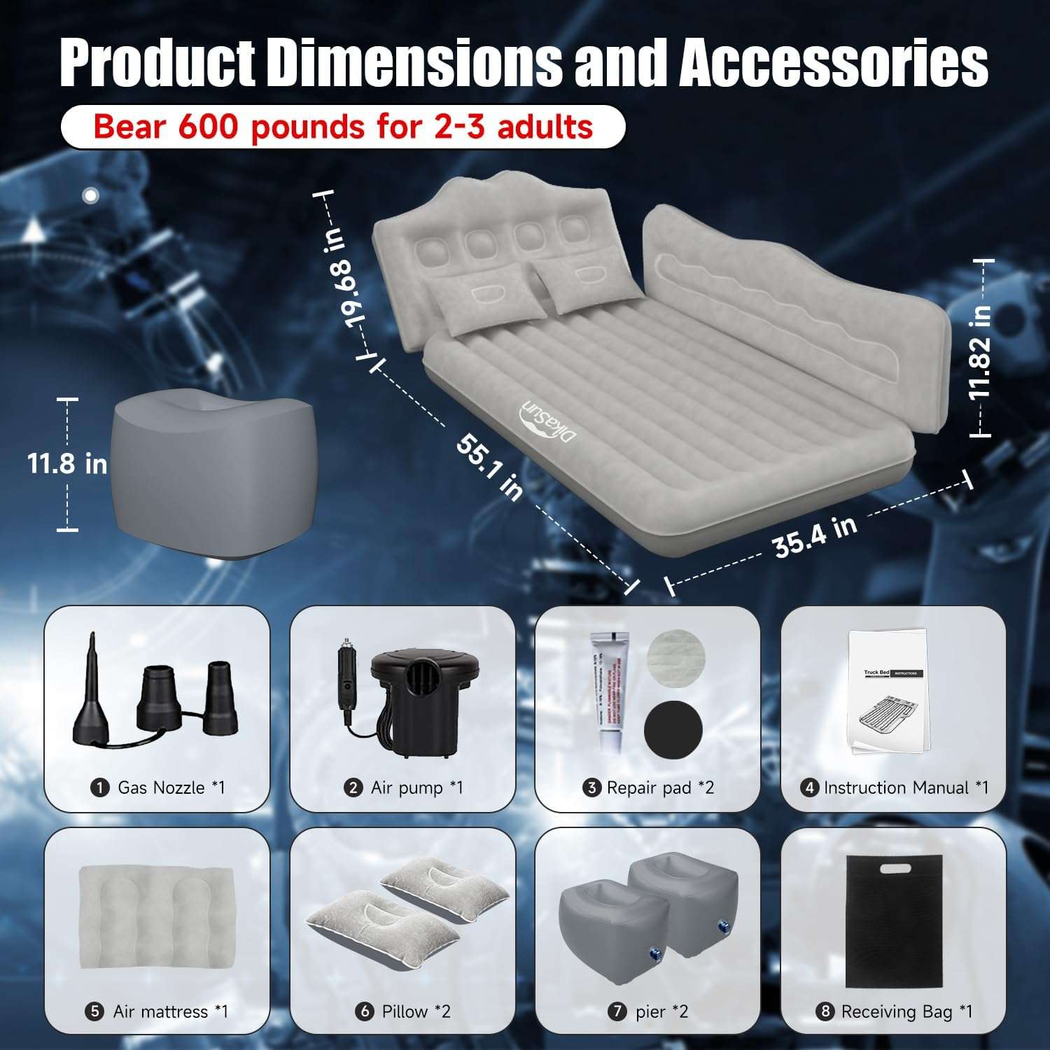 DikaSun Backseat & SUV Air Mattress – 35.4" Width | Grey
