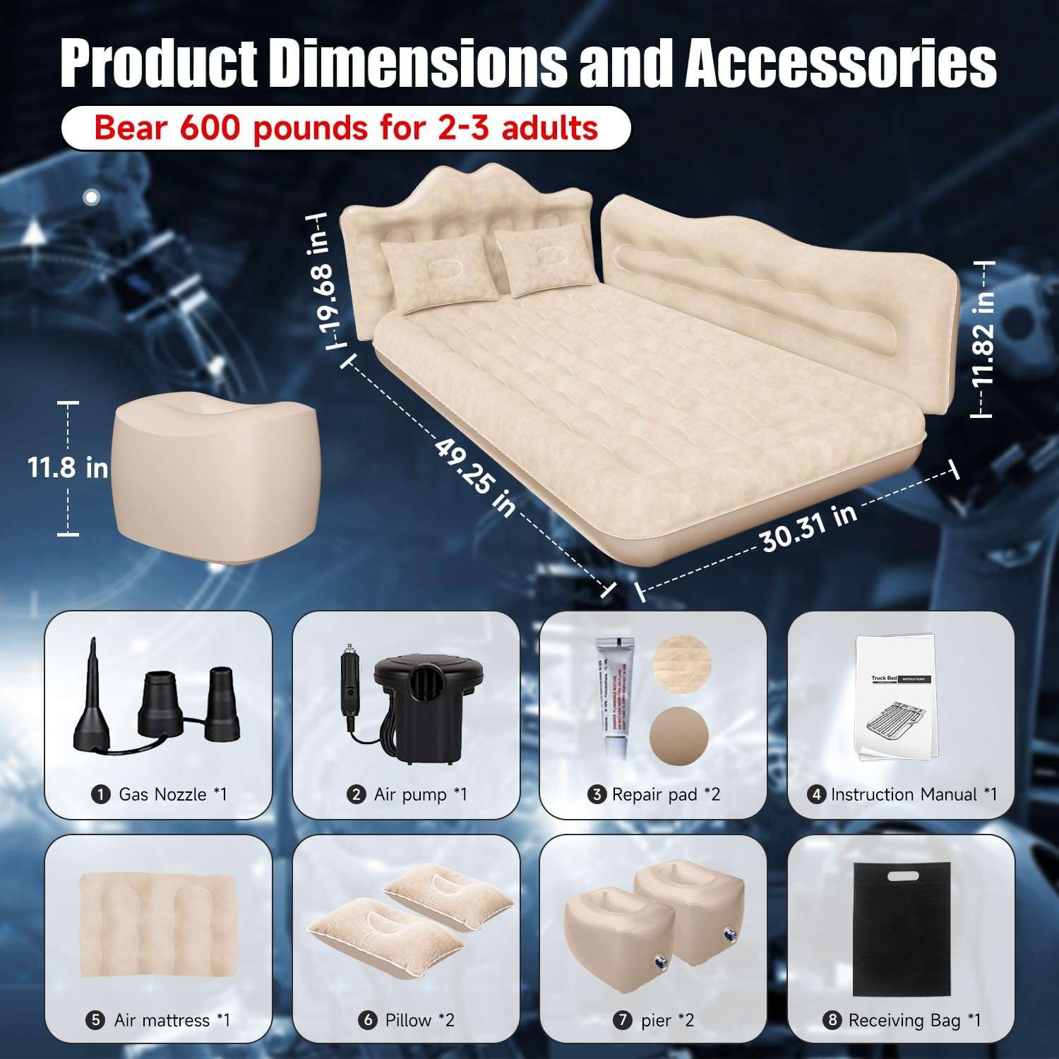 DikaSun Backseat Air Mattress for SUV, Car & Truck – 30.31" Width | Beige