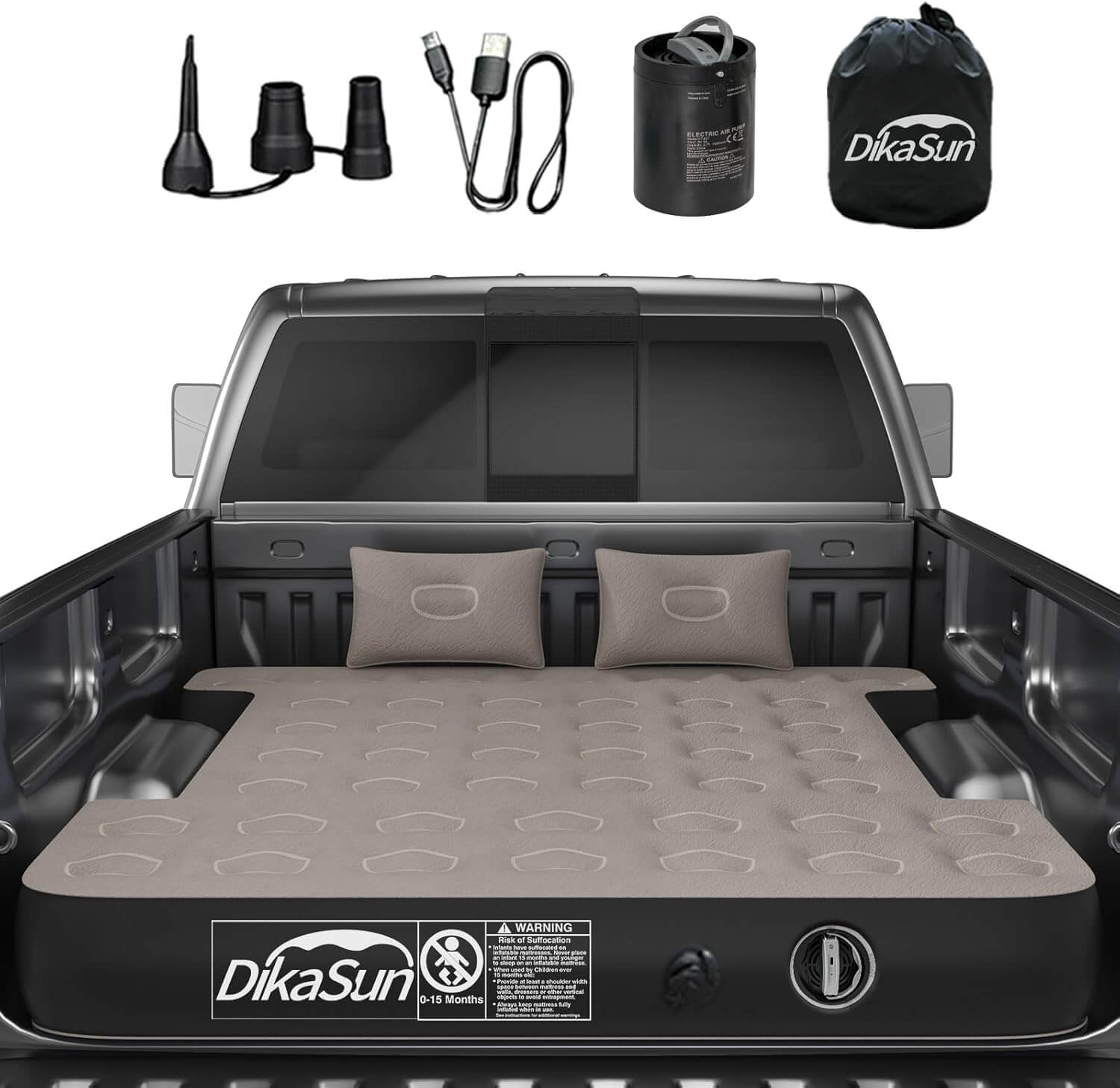 DikaSun Auto-Inflate Truck Bed Air Mattress – Fits 5.5 to 5.8 ft Beds | Built-In Pump