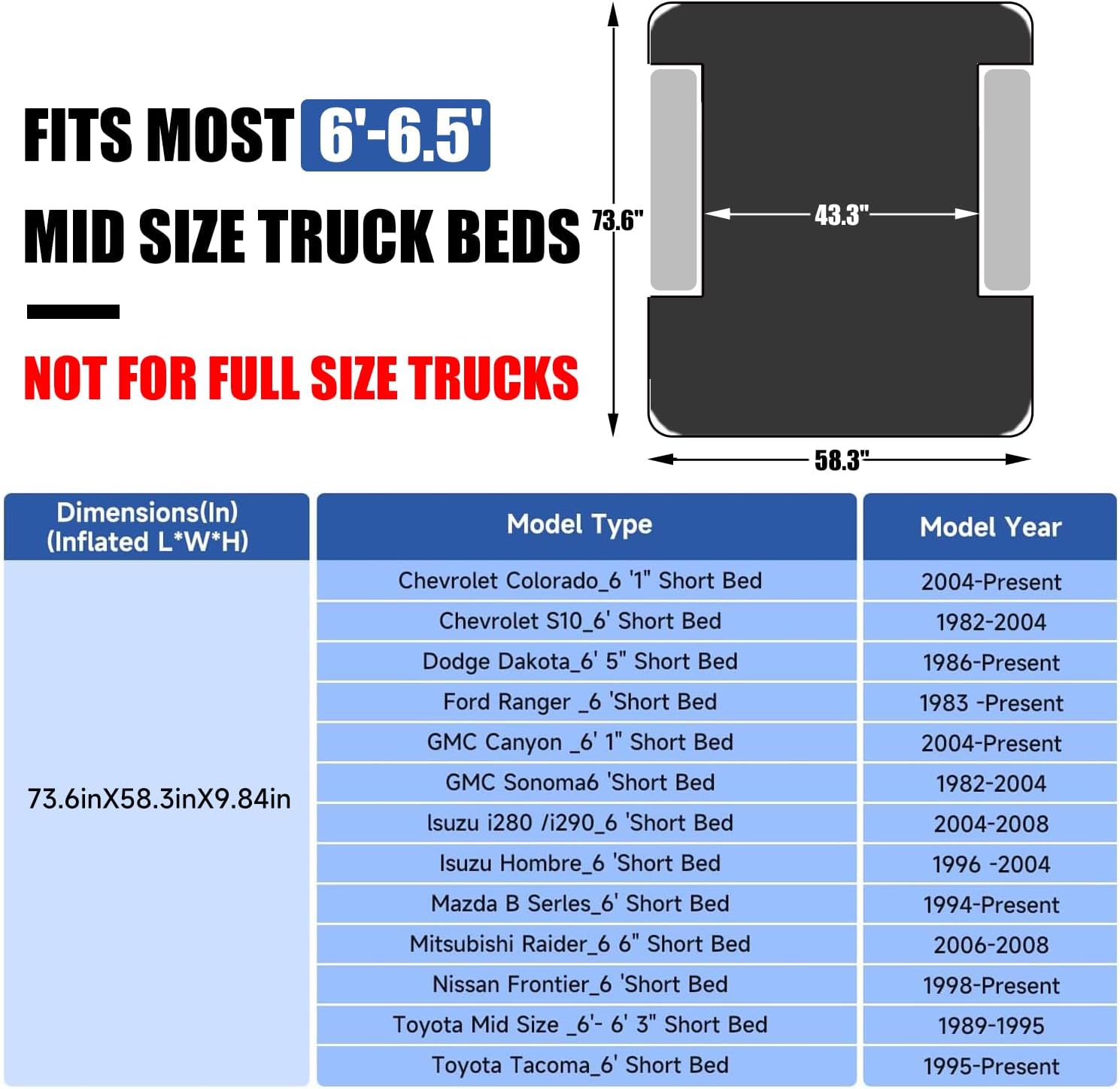 DikaSun Mid-Size Pickup Truck Bed Air Mattress – Fits 6 to 6.5 ft Beds | Black