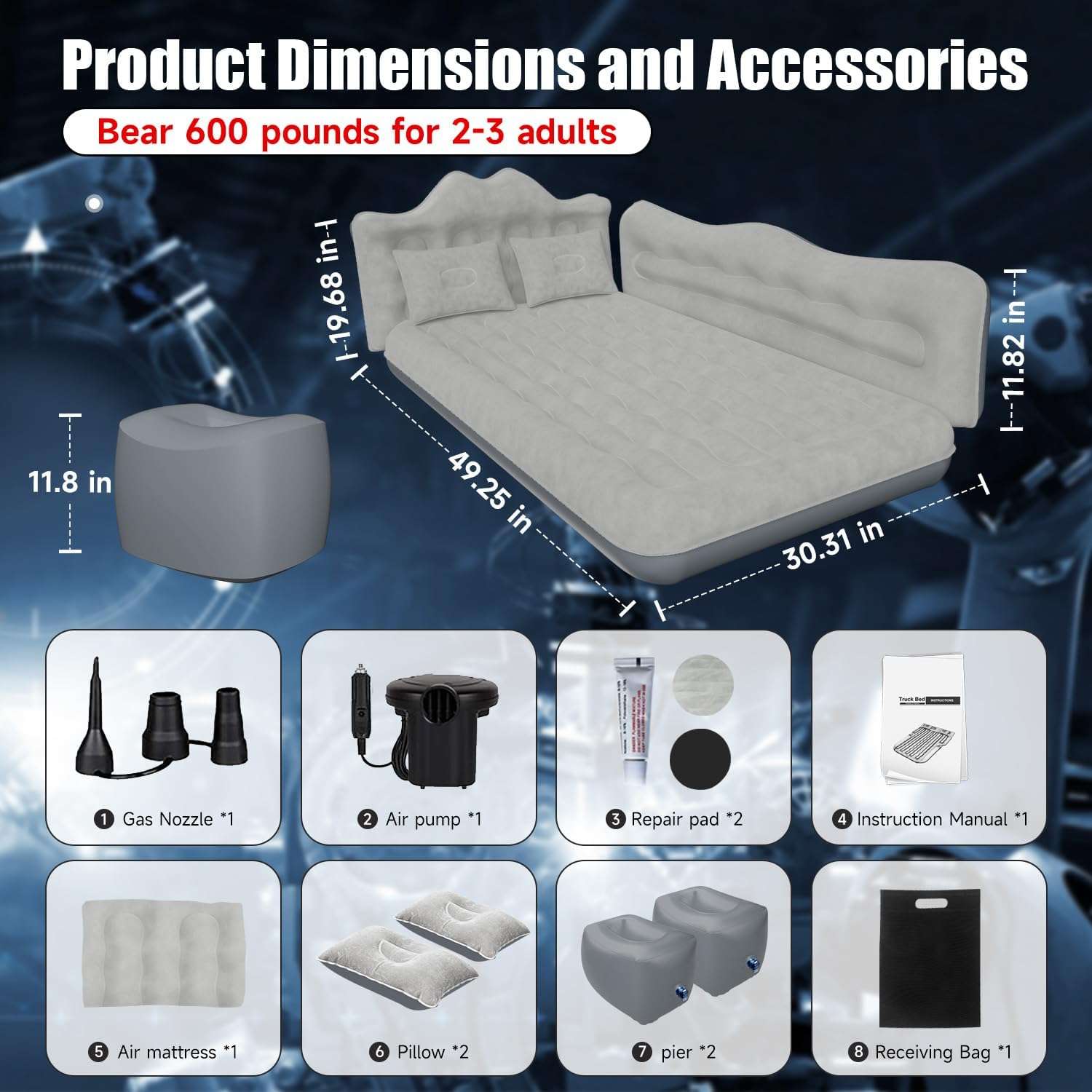 DikaSun Backseat Air Mattress for SUV, Car & Truck – 30.31" Width | Grey