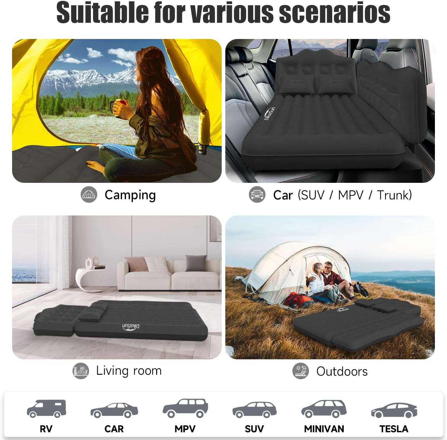 DikaSun Backseat Air Mattress for SUV, Car & Truck – 35.4" Width | Black
