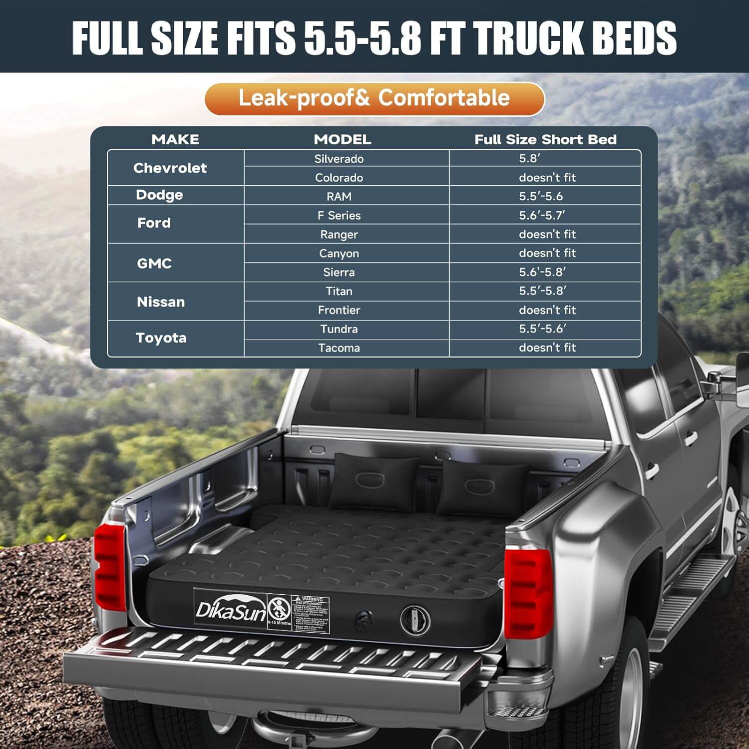 DikaSun Auto-Inflate Truck Bed Air Mattress – Fits 5.5 to 5.8 ft Beds | Built-In Pump