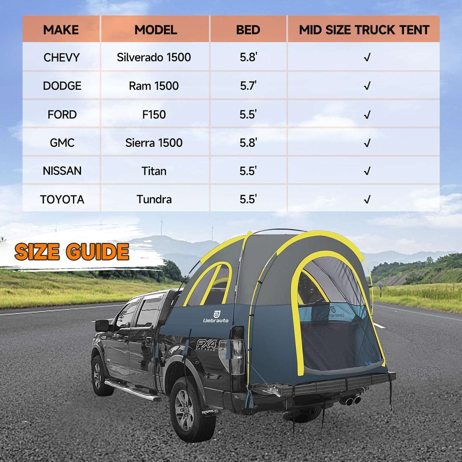 Umbrauto Truck Bed Tent | 5.5–5.8 ft Beds | 4-Season PU3000 Waterproof | Color-Coded Setup