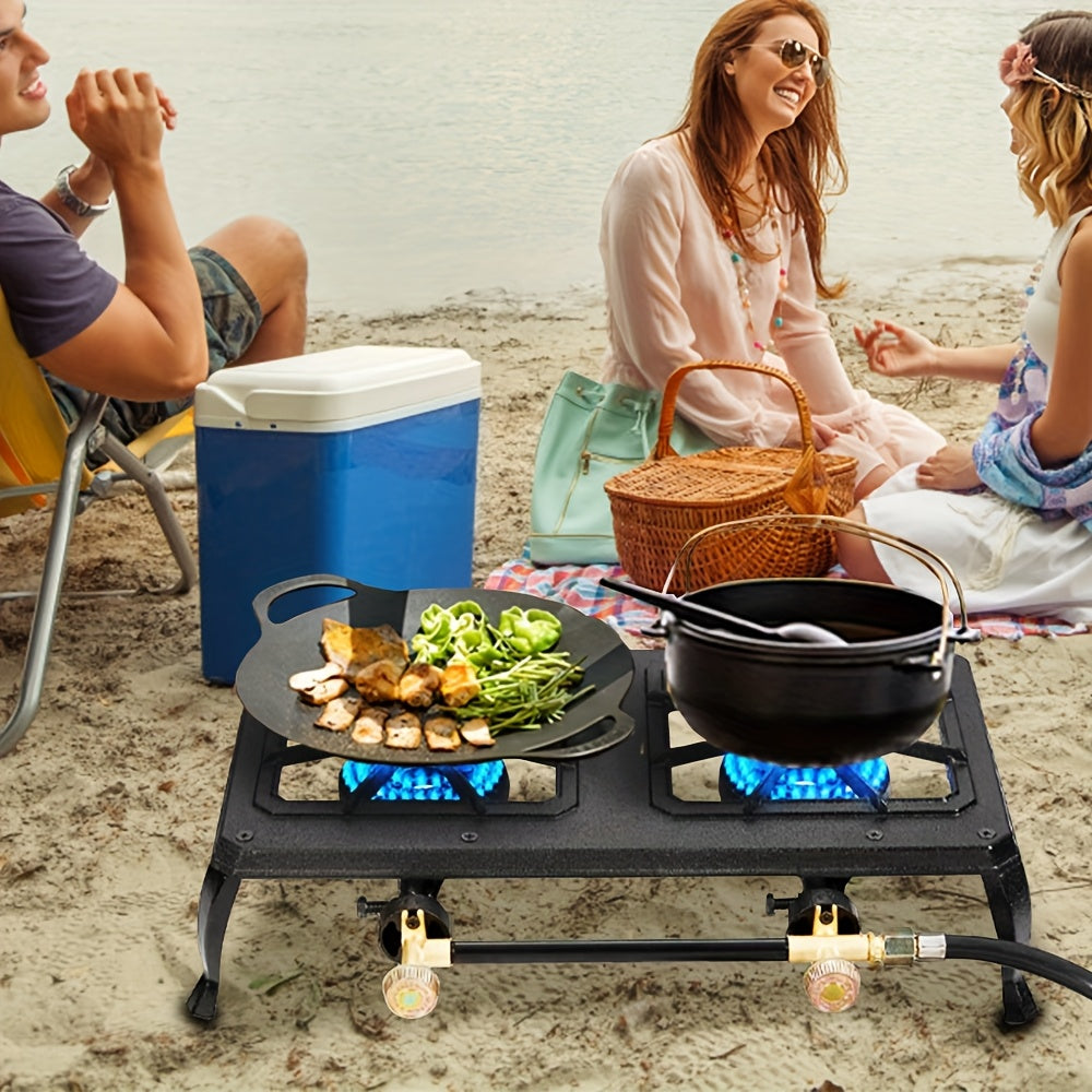 2-Burner Portable Gas Stove – Cast Iron, High-Pressure with Adjustable Legs
