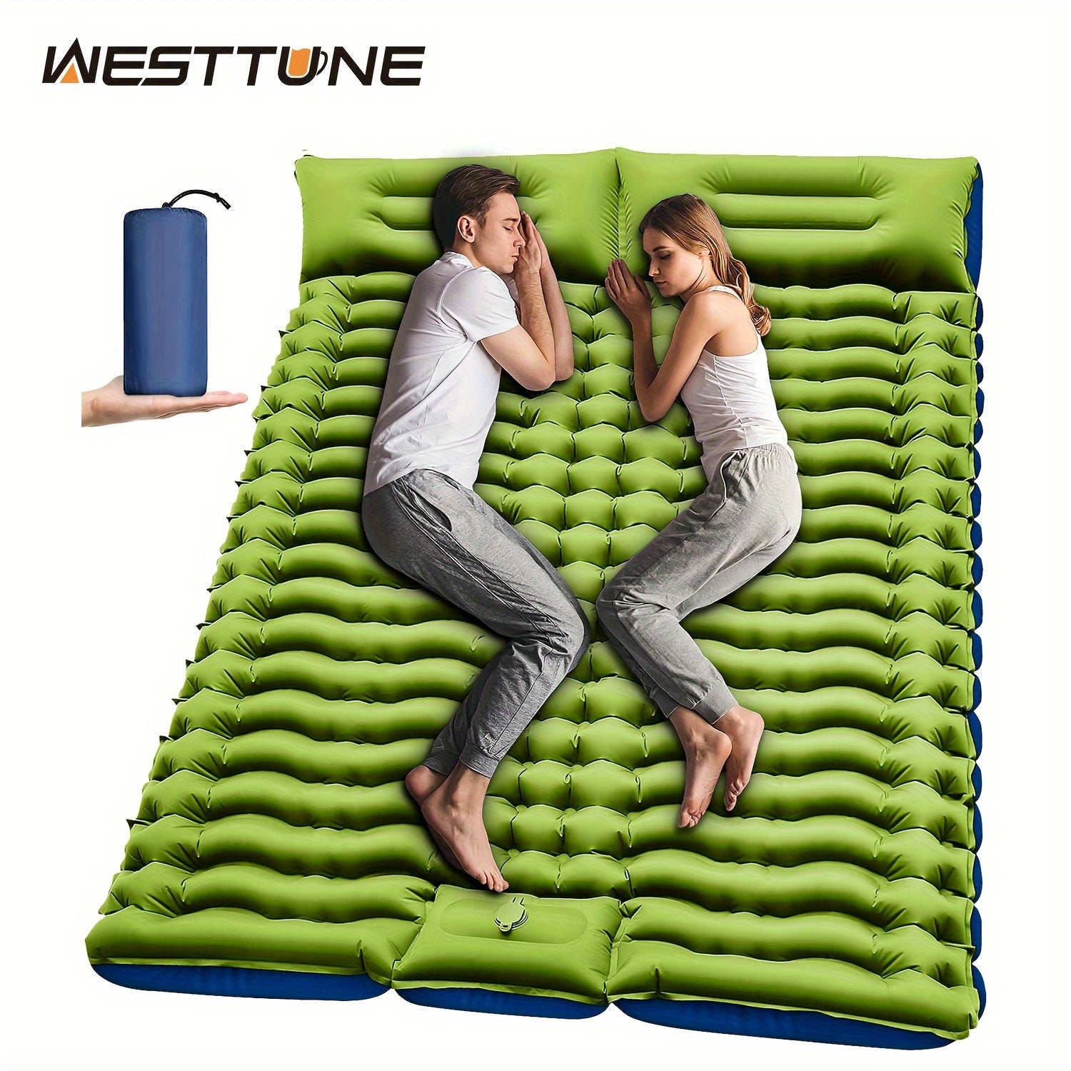 Extra-Thick Double Sleeping Pad – 4" Self-Inflating with Pillows & Foot Pump
