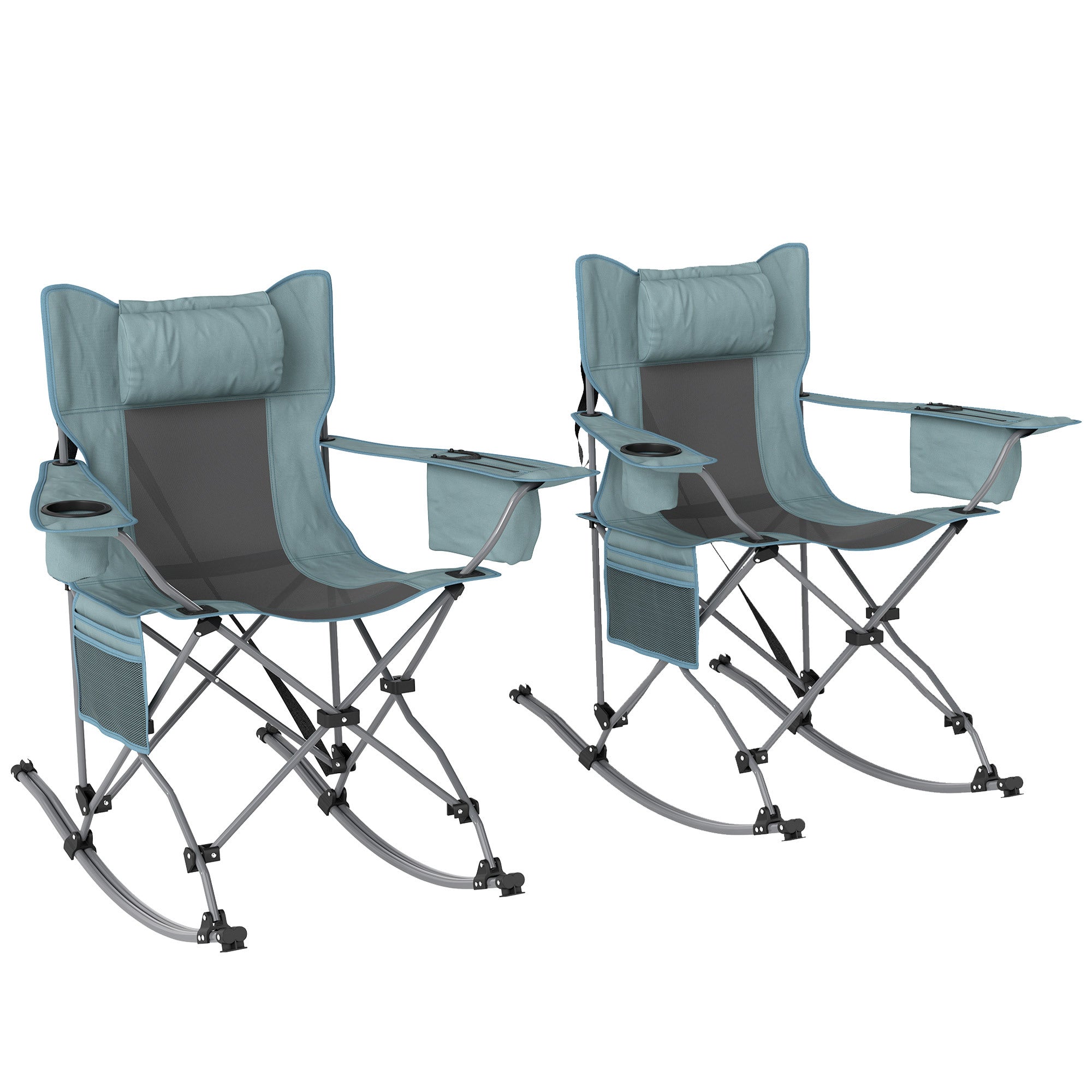 Folding Rocking Camping Chairs – 2 Pack with Headrest, Cooler & Cup Holder