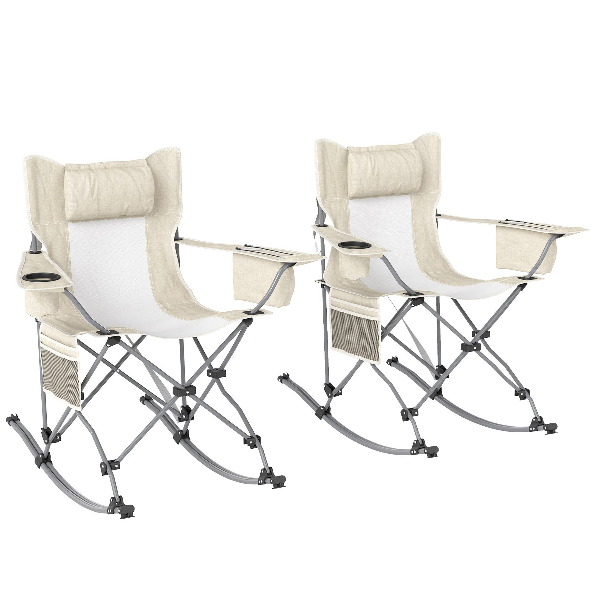Folding Rocking Camping Chairs – 2 Pack with Headrest, Cooler & Cup Holder