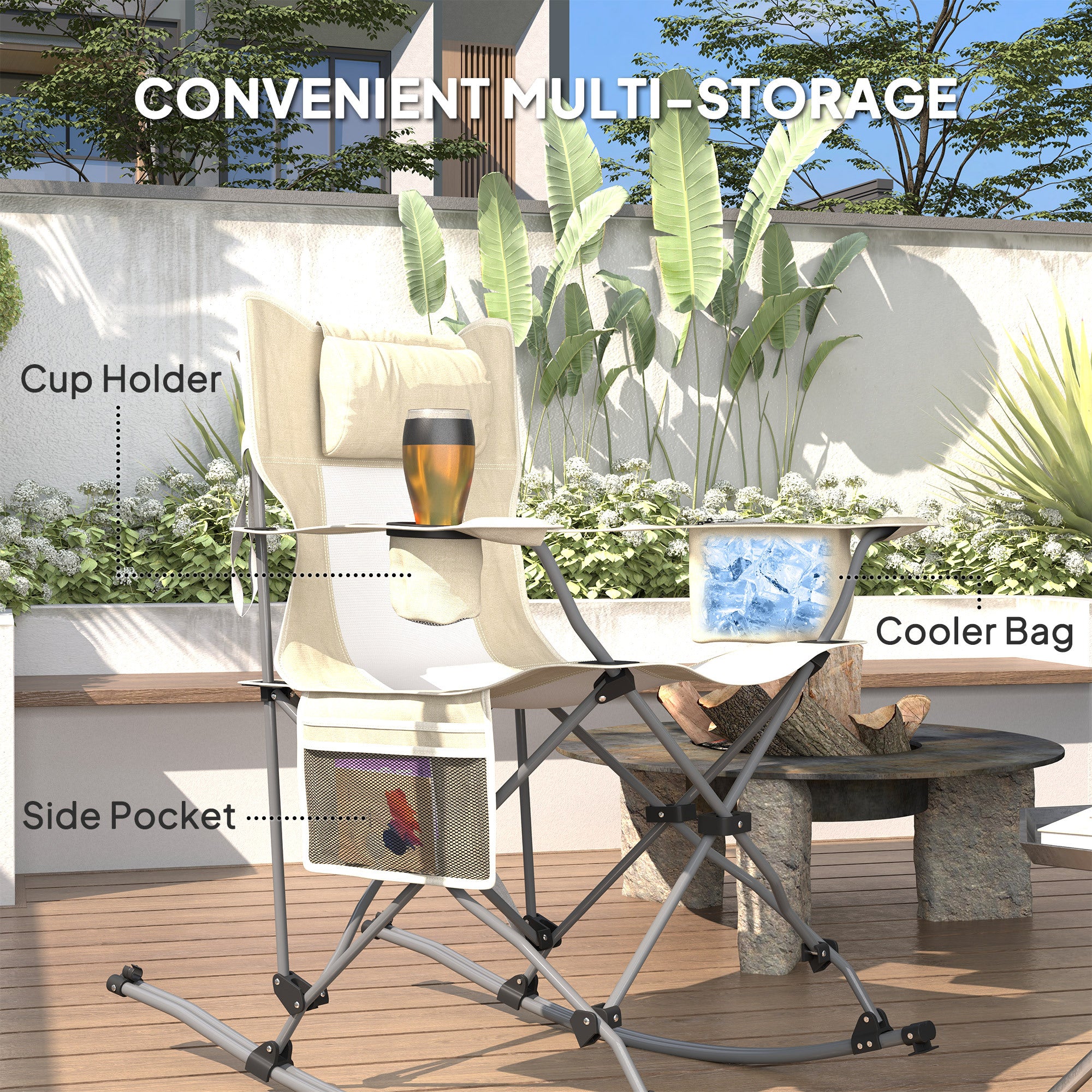 Folding Rocking Camping Chairs – 2 Pack with Headrest, Cooler & Cup Holder