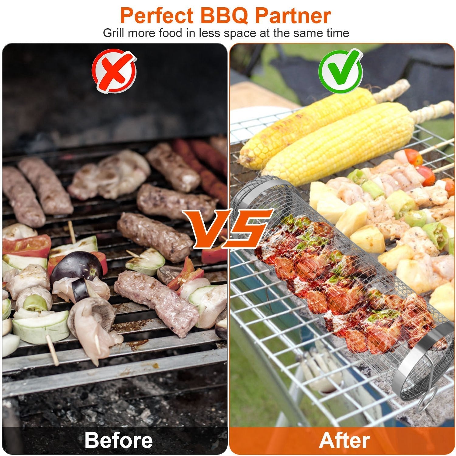 BBQ Rolling Basket – 2-Pack Stainless Steel Grill Mesh Tubes with Removable Cover