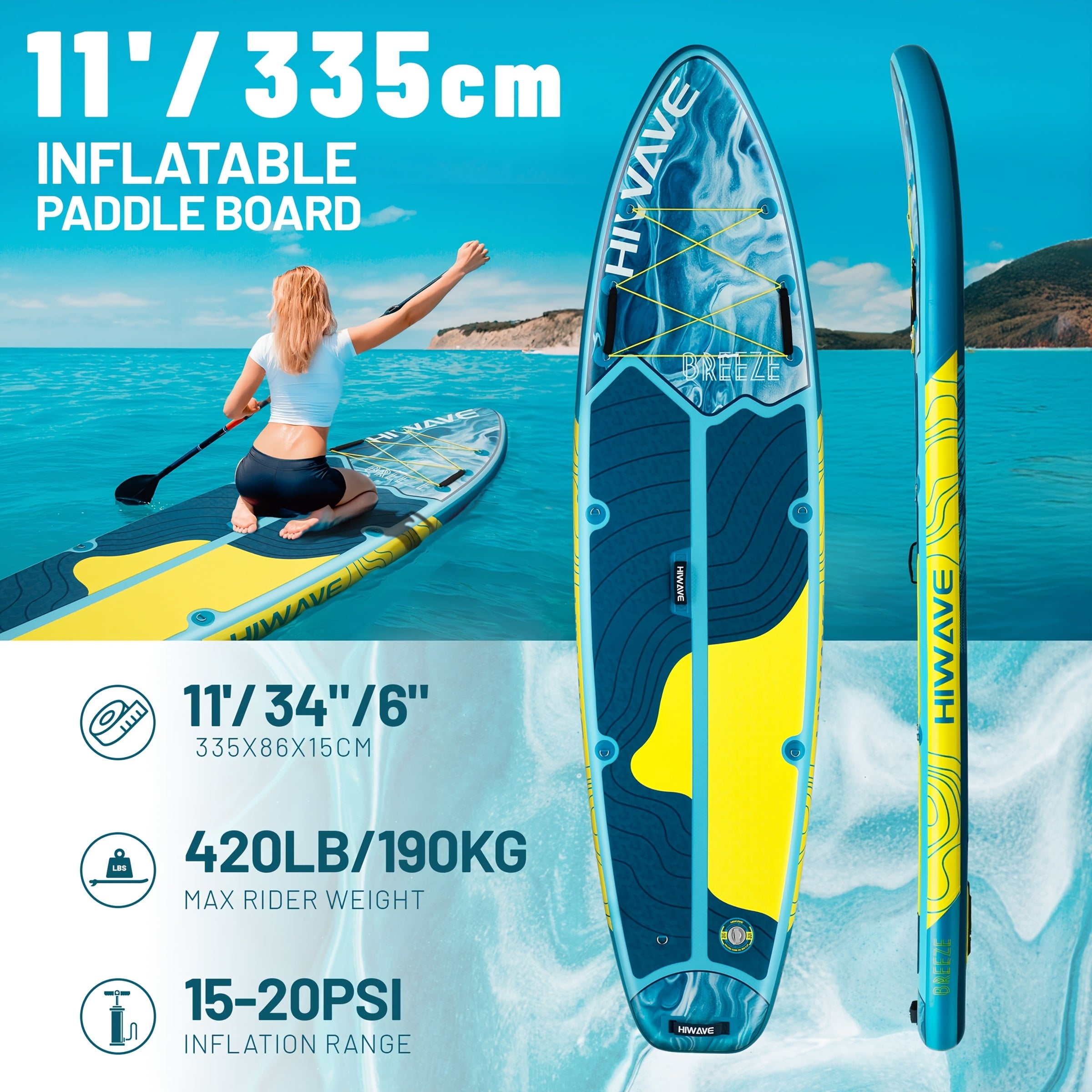 11ft Inflatable Stand-Up Paddleboard – 420 lbs Capacity, Dual-Action Pump Included