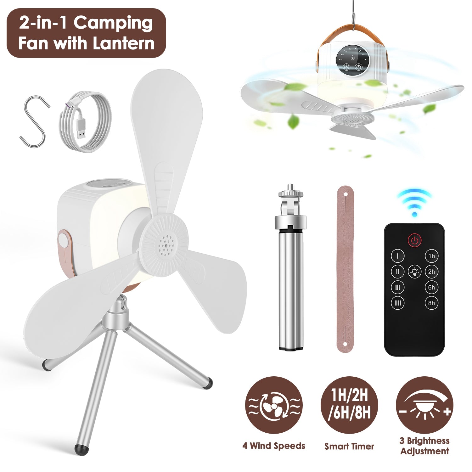 Rechargeable Tent Ceiling Fan with LED Light & Remote Control – 7200mAh