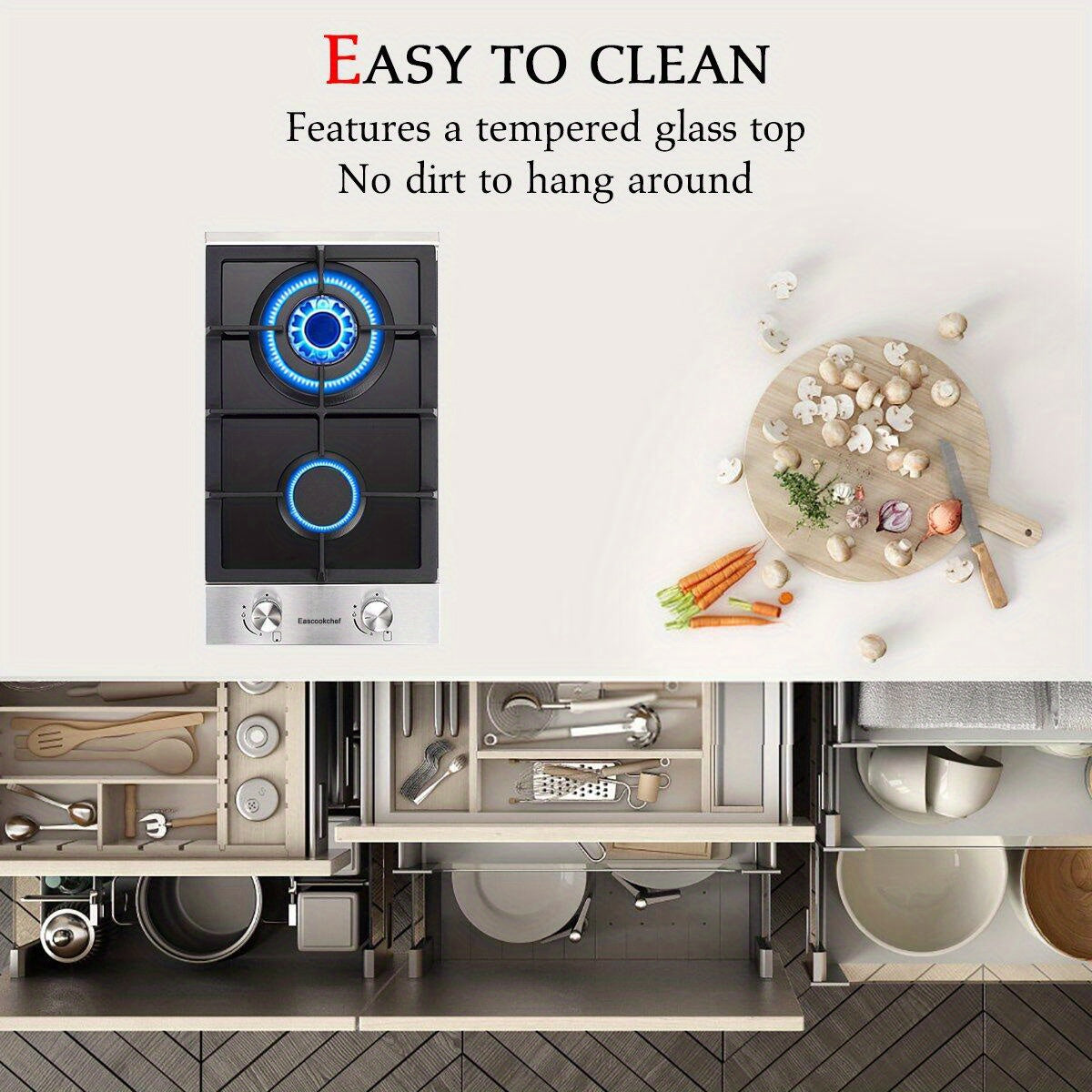 12" 2-Burner Gas Cooktop – LPG/NG Dual Fuel, Tempered Glass, Thermocouple Safety