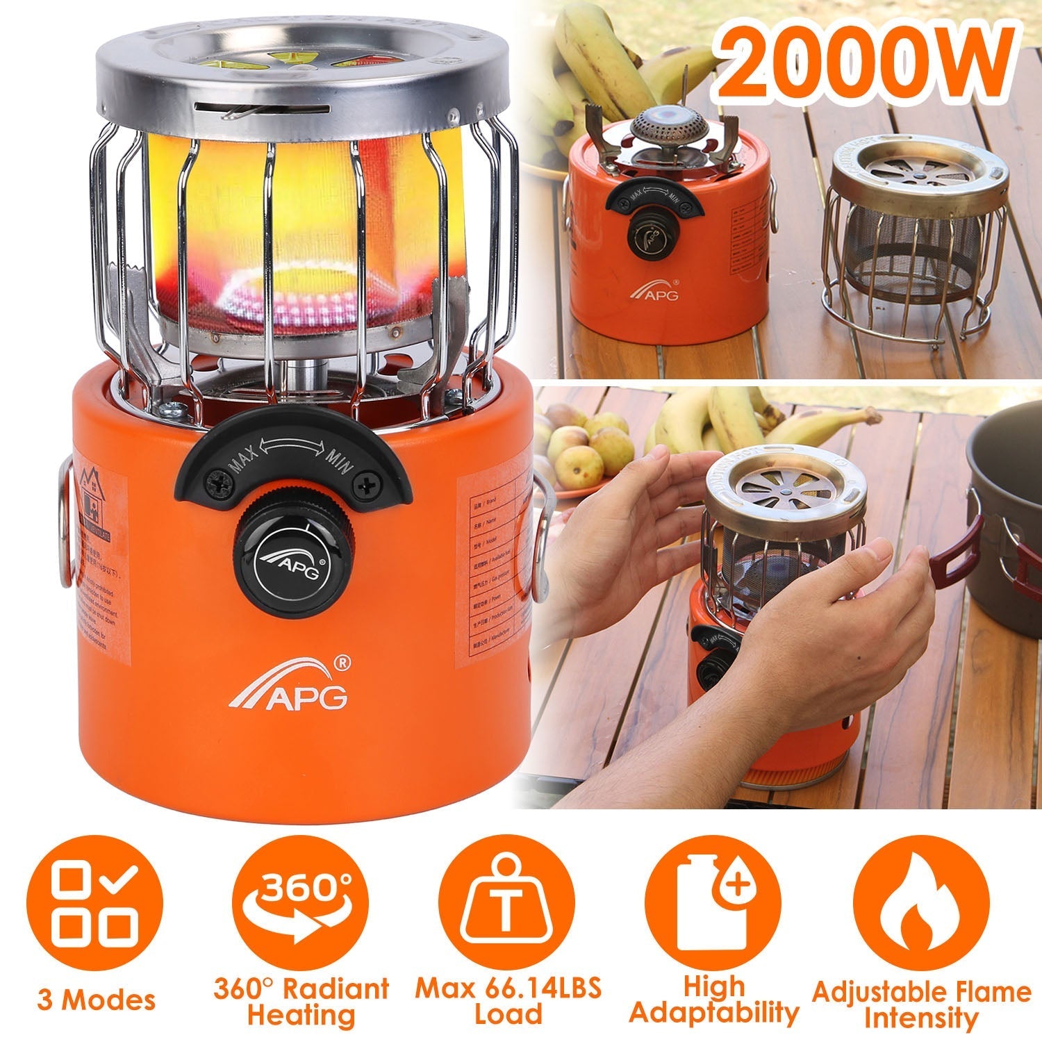 2-in-1 Camping Stove & Tent Heater – 2000W, 360° Radiant Heat, 3 Modes
