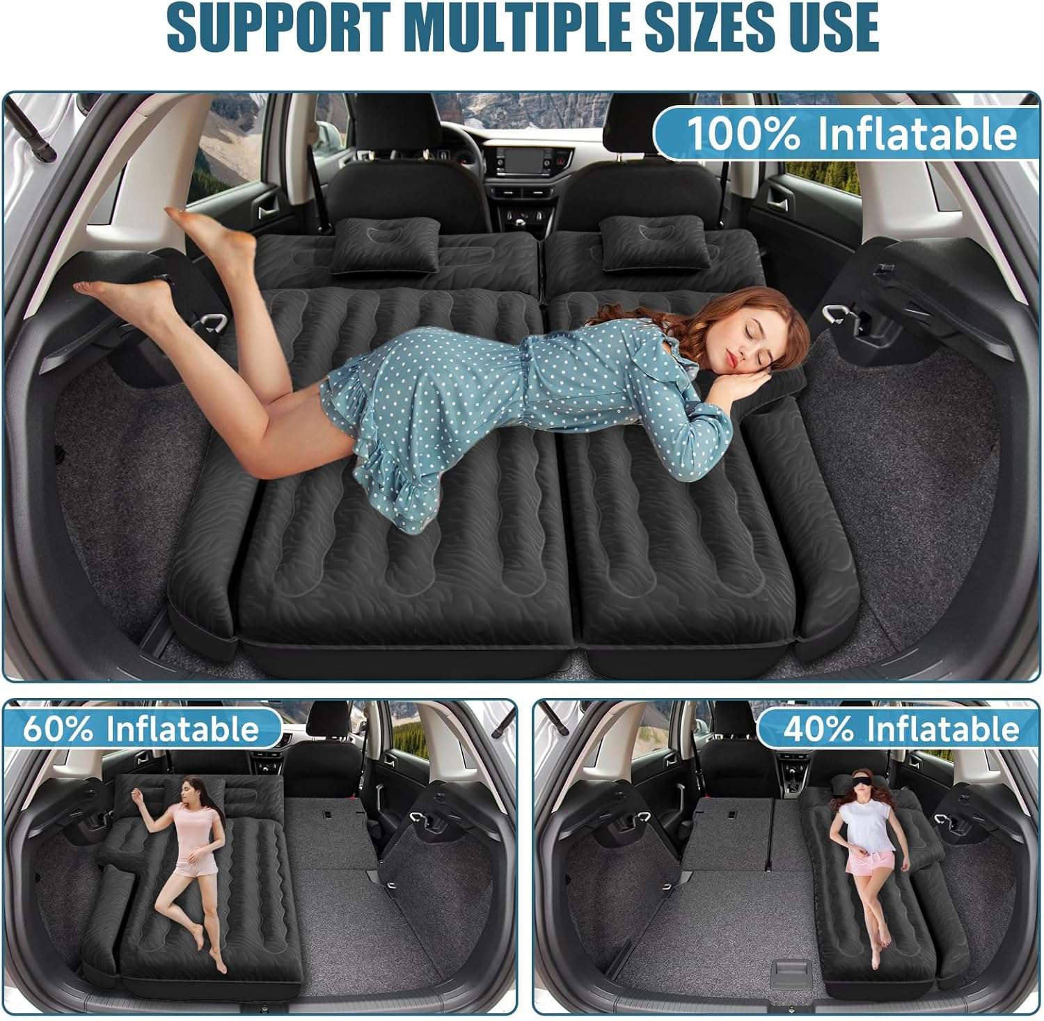 DikaSun 63" Extended SUV Air Mattress – 6-Chamber, Quick Inflate | Pump & 2 Pillows | Black