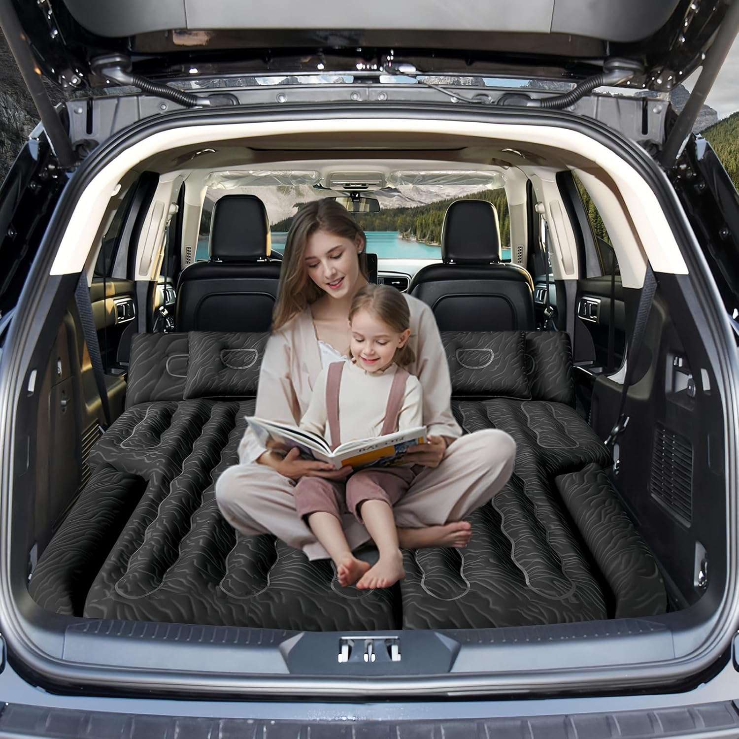 DikaSun 63" Extended SUV Air Mattress – 6-Chamber, Quick Inflate | Pump & 2 Pillows | Black