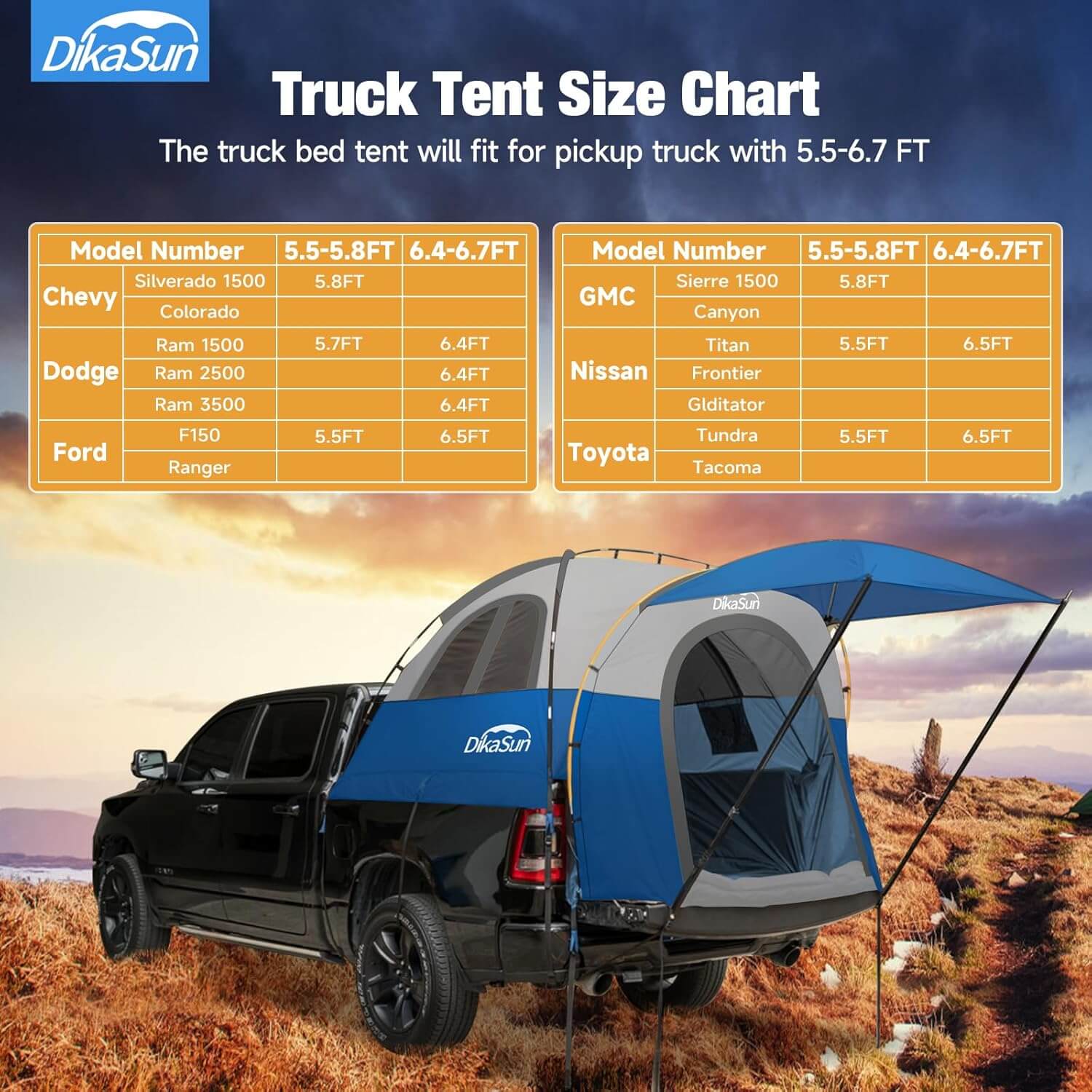 Dikasun Pickup Truck Bed Tent with Awning – Blue | Fits 5.5–6.7 ft Beds