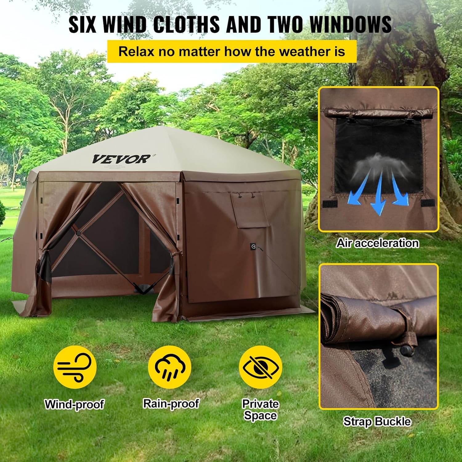 VEVOR 12 * 12ft 6 Sided Pop-up Canopy Shelter Tent with Mesh Windows, Portable Carry Bag, Stakes, Large Shade Tents for Outdoor Camping, Lawn and Backyard, Brown/Beige