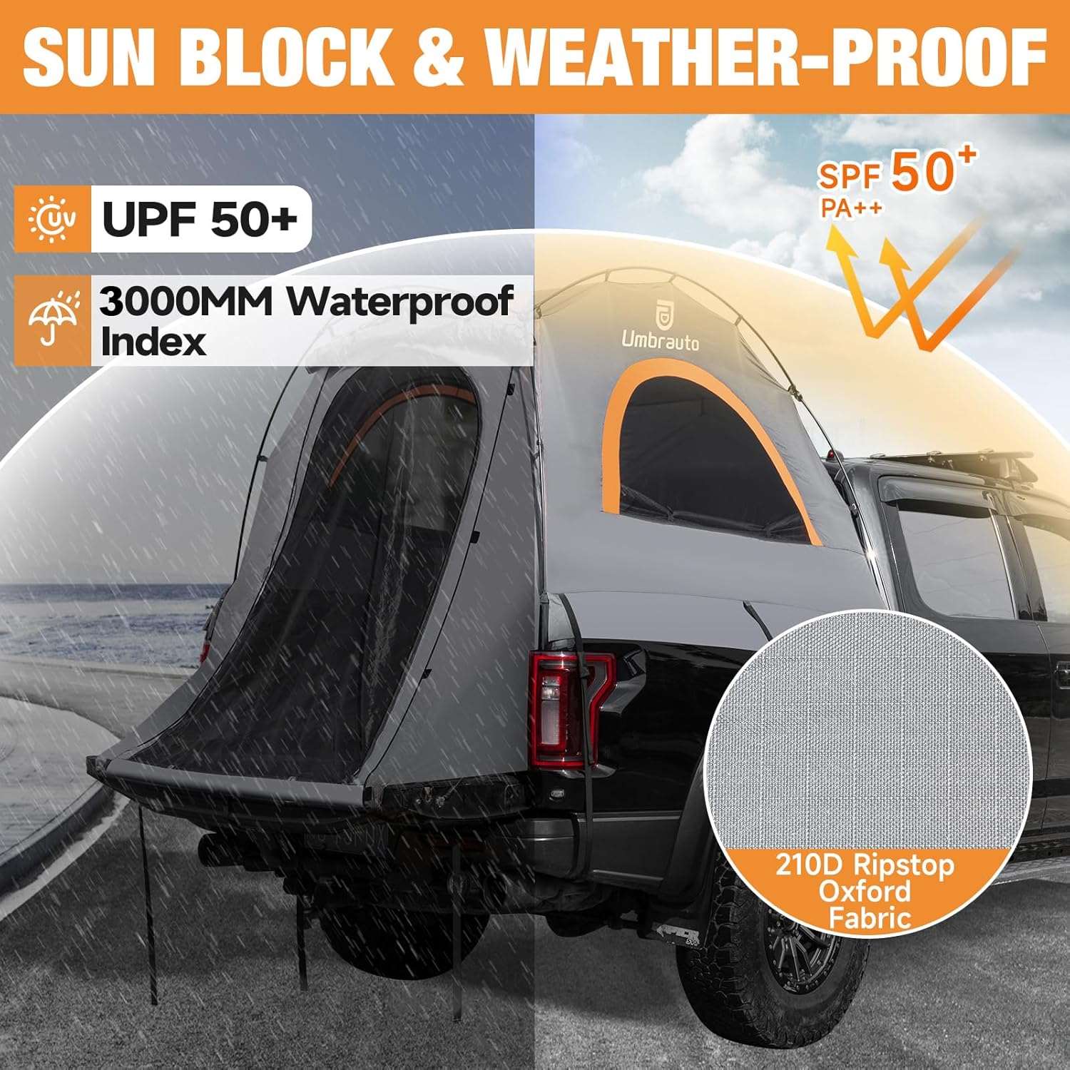 Umbrauto Truck Bed Tent for 6.4–6.7 ft Beds | 2–3 Person | 10-Min Setup | PU3000 Waterproof