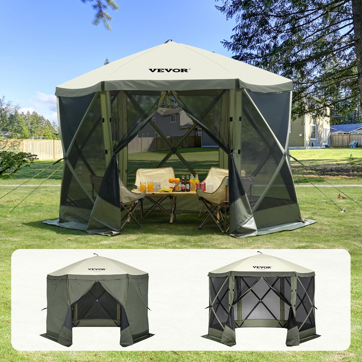 VEVOR 12 * 12ft 6 Sided Pop-up Canopy Shelter Tent with Mesh Windows, Portable Carry Bag, Stakes, Large Shade Tents for Outdoor Camping, Lawn and Backyard, Brown/Beige