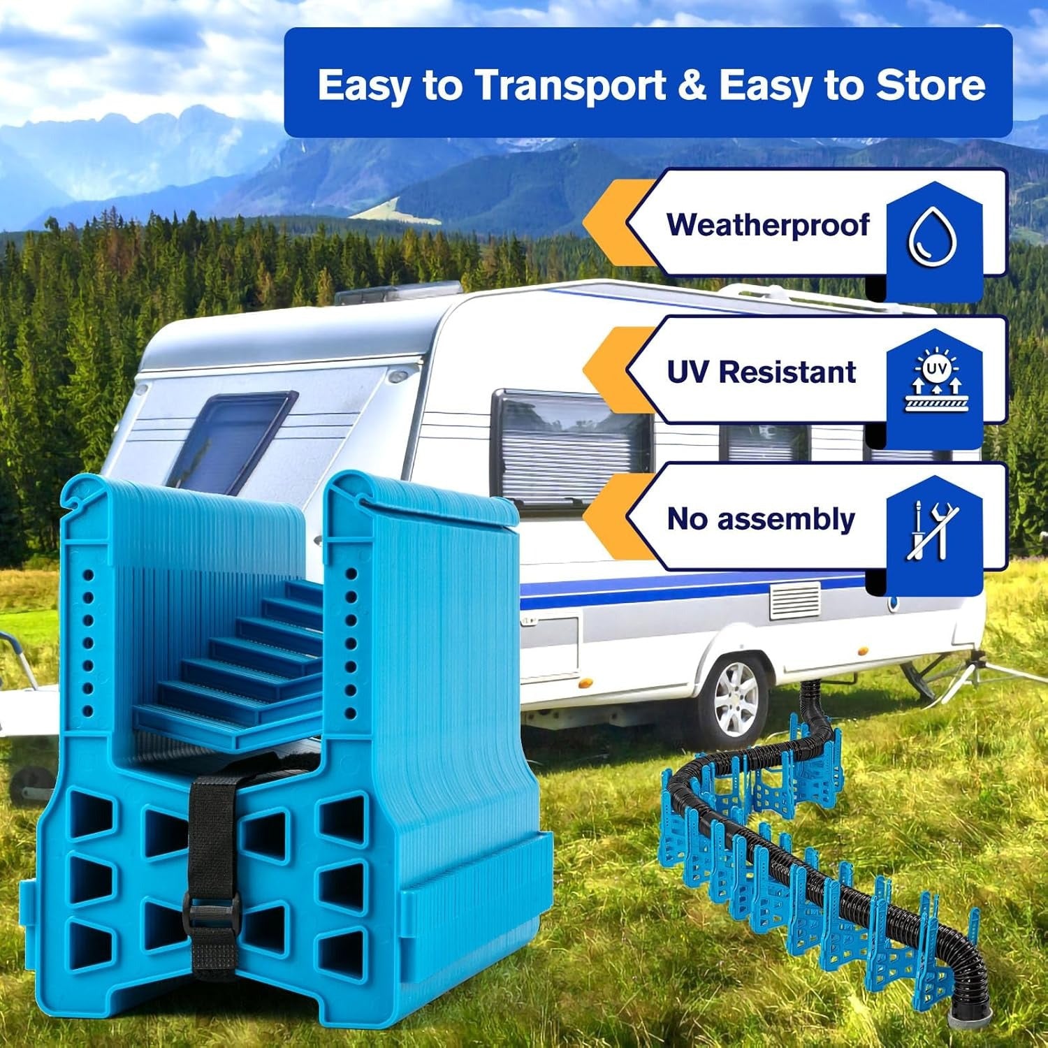 20FT RV Sewer Hose Support – Adjustable Height with Deep Cradles & Rubber Bands