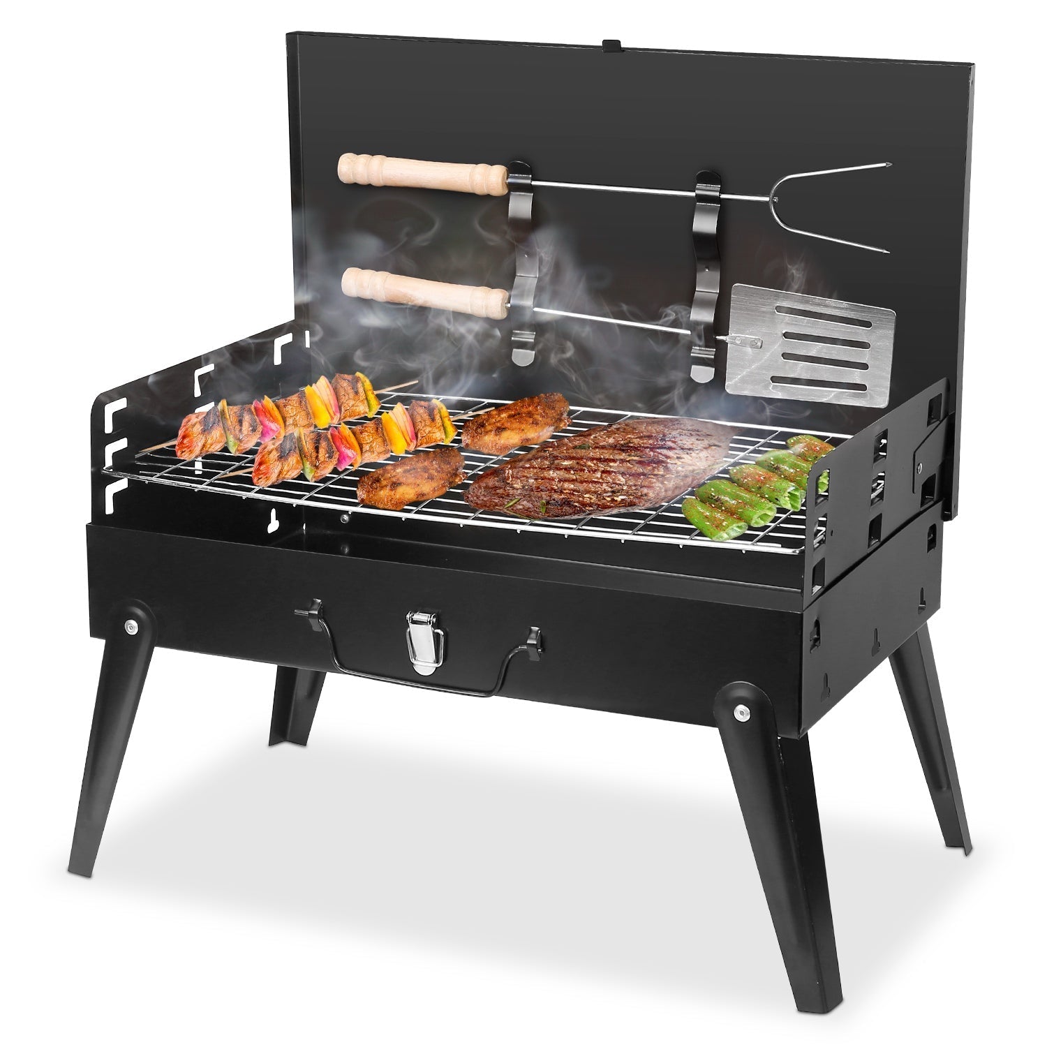 Portable Charcoal BBQ Suitcase Grill – Foldable with Shelf, 16.7" x 10" x 17.7"