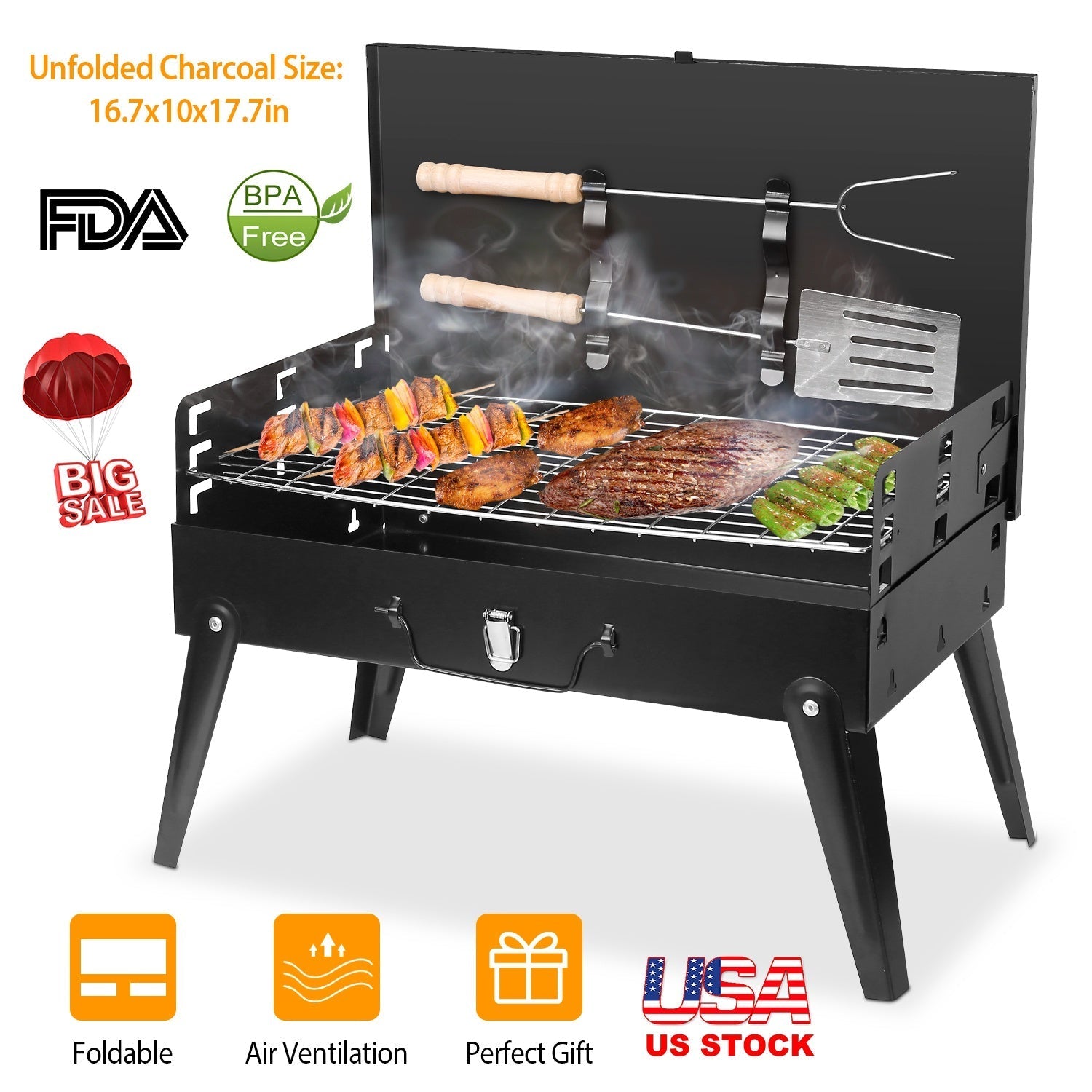 Portable Charcoal BBQ Suitcase Grill – Foldable with Shelf, 16.7" x 10" x 17.7"