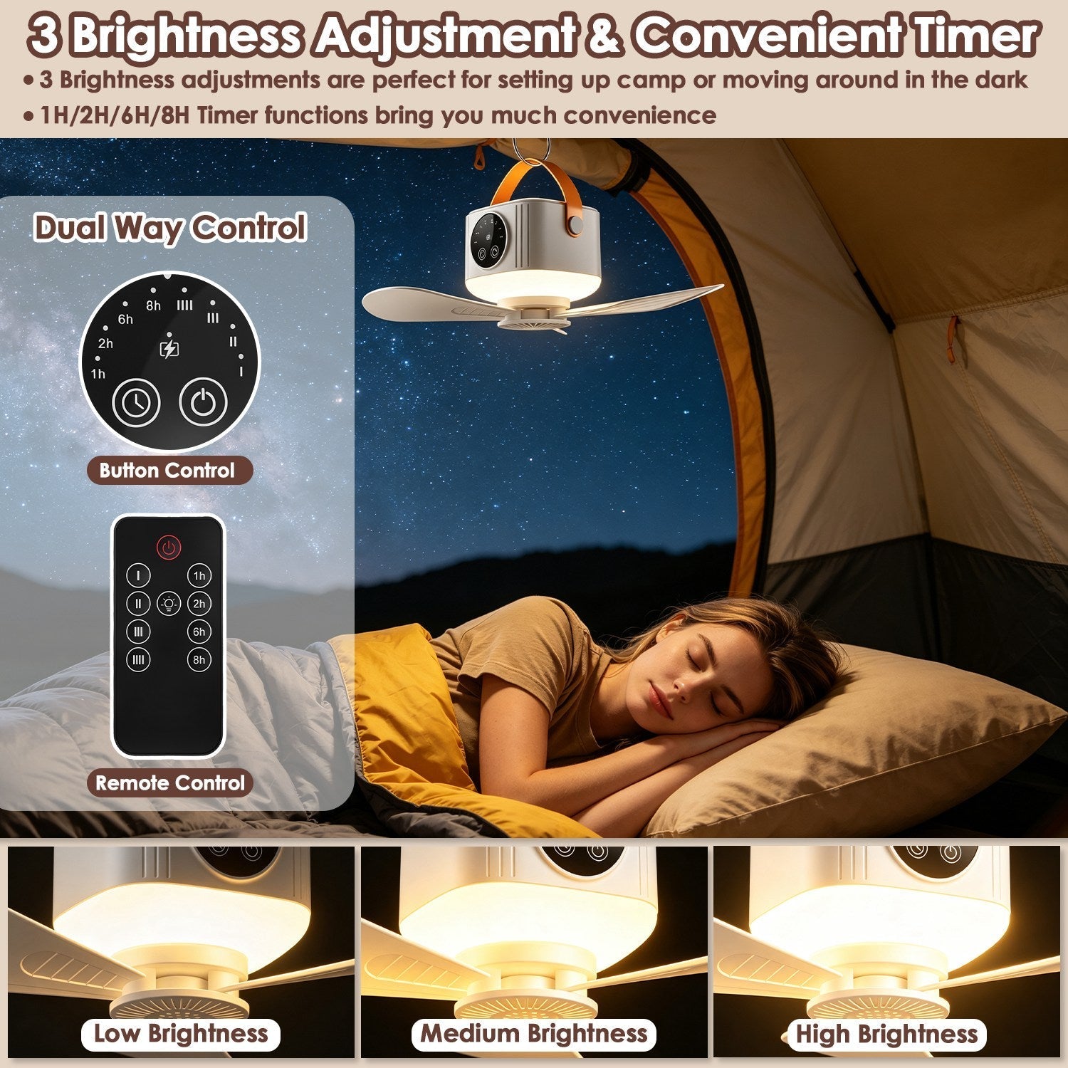 Rechargeable Tent Ceiling Fan with LED Light & Remote Control – 7200mAh