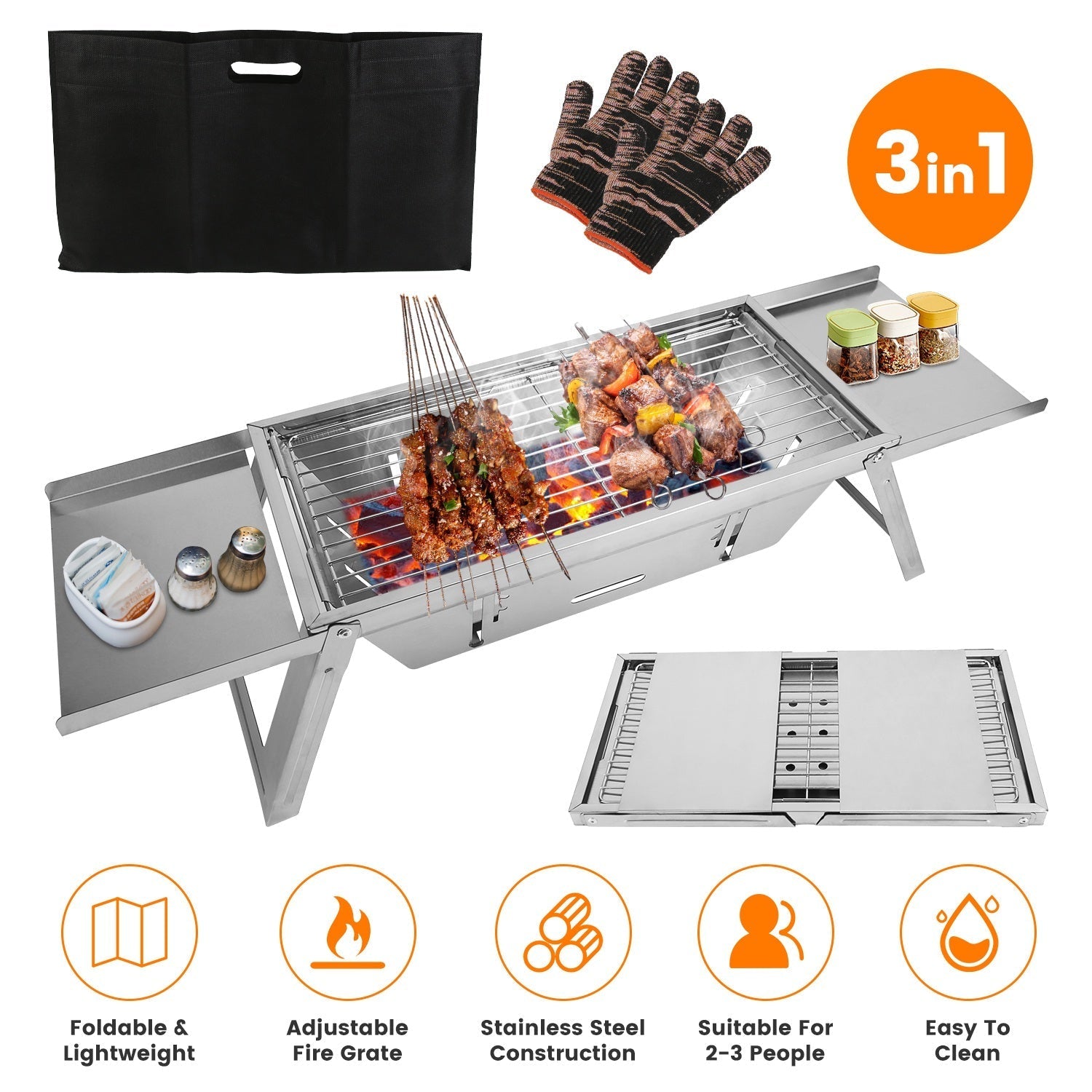 3-in-1 Foldable Charcoal Grill, Fire Pit & Slow Cooker – Portable Stainless Steel