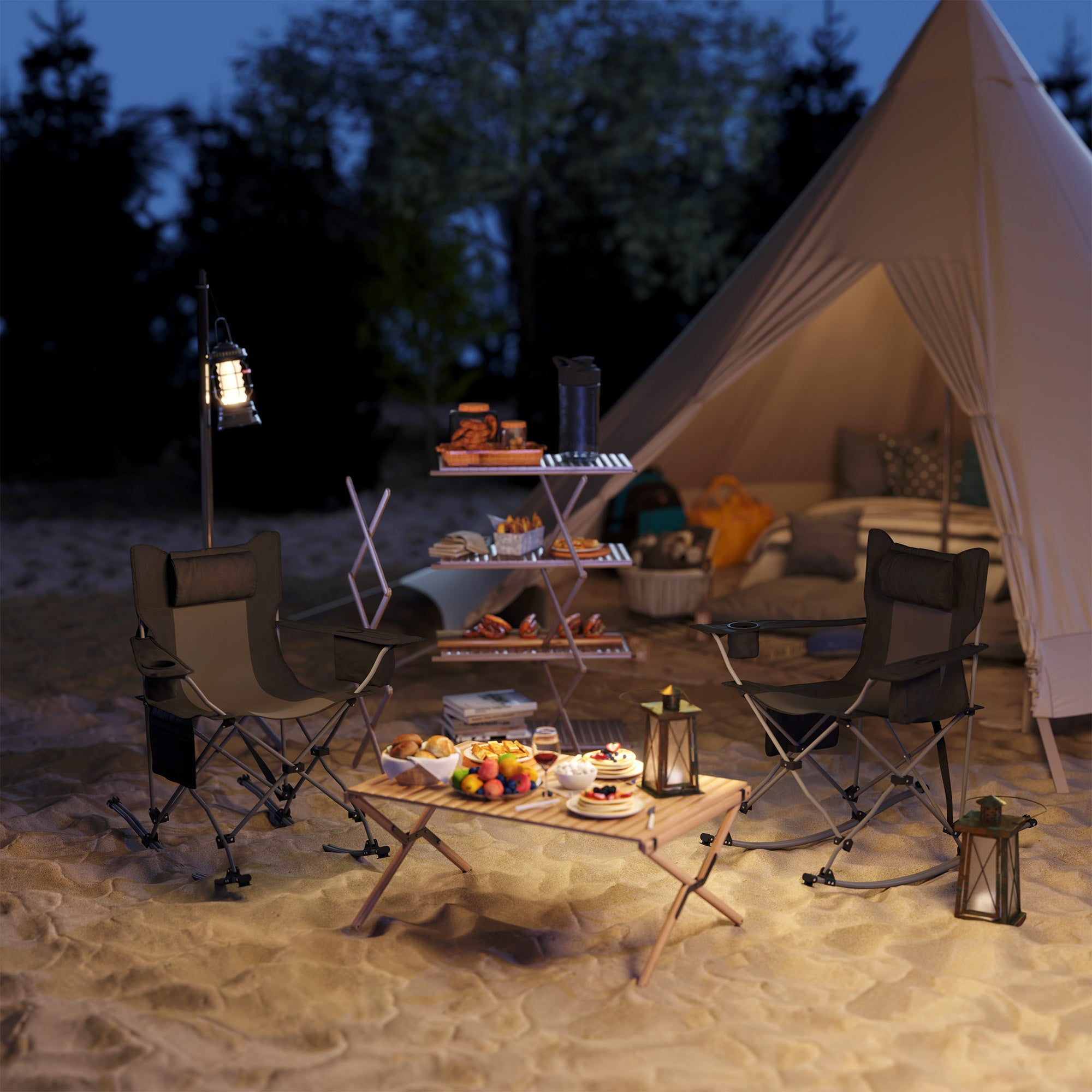 Folding Rocking Camping Chairs – 2 Pack with Headrest, Cooler & Cup Holder