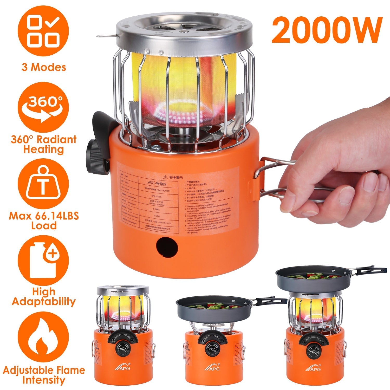 2-in-1 Camping Stove & Tent Heater – 2000W, 360° Radiant Heat, 3 Modes