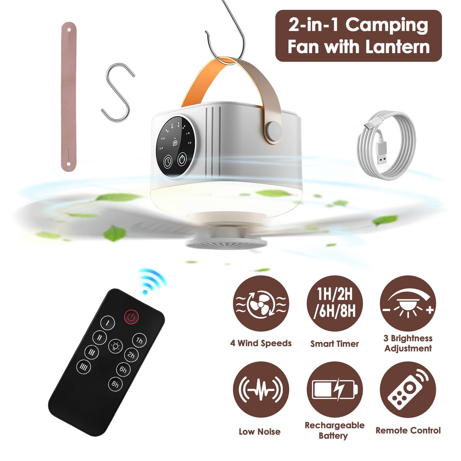 Rechargeable Tent Ceiling Fan with LED Light & Remote Control – 7200mAh