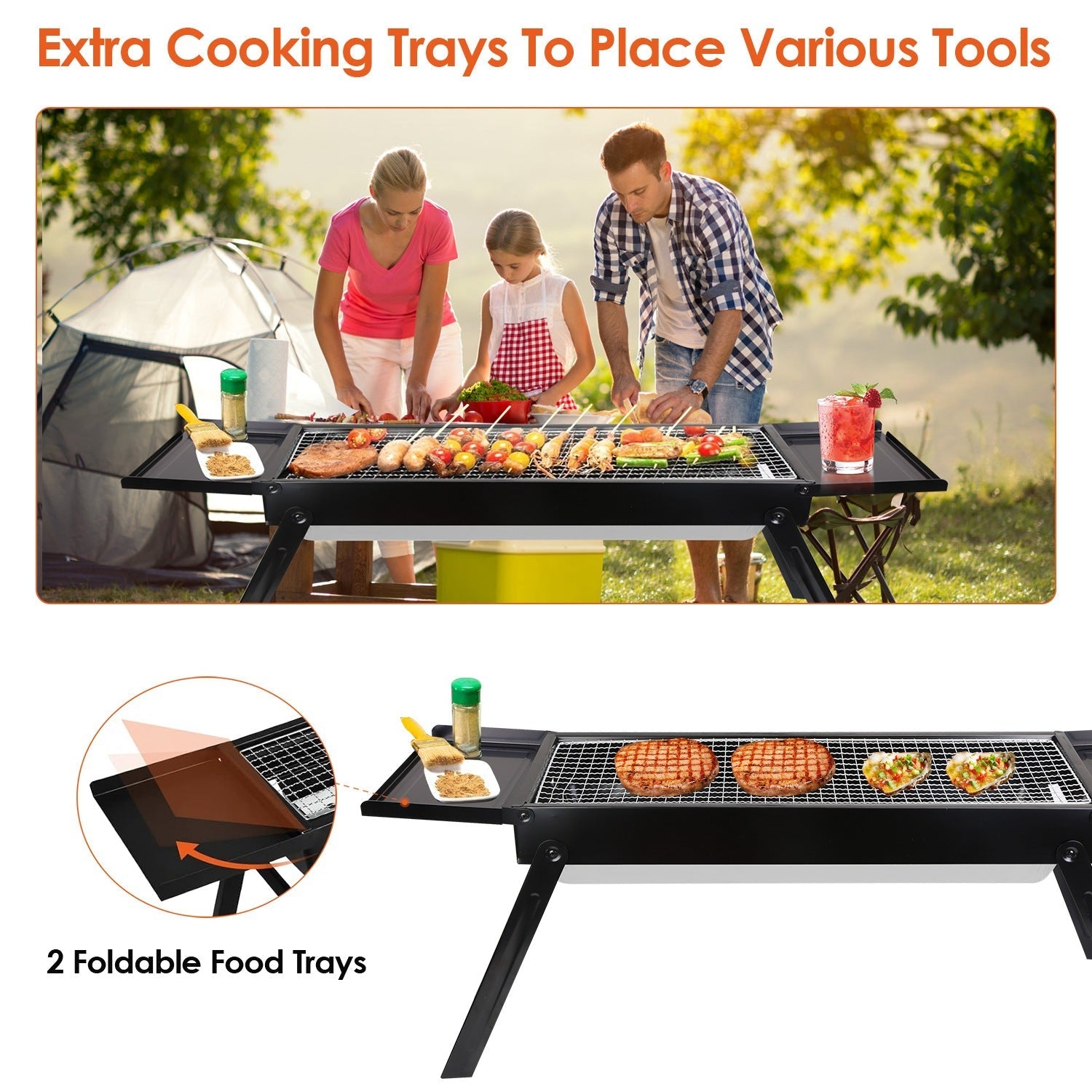 Foldable Charcoal BBQ Grill with Shelf & Stainless Steel Grill Net – Portable Tabletop