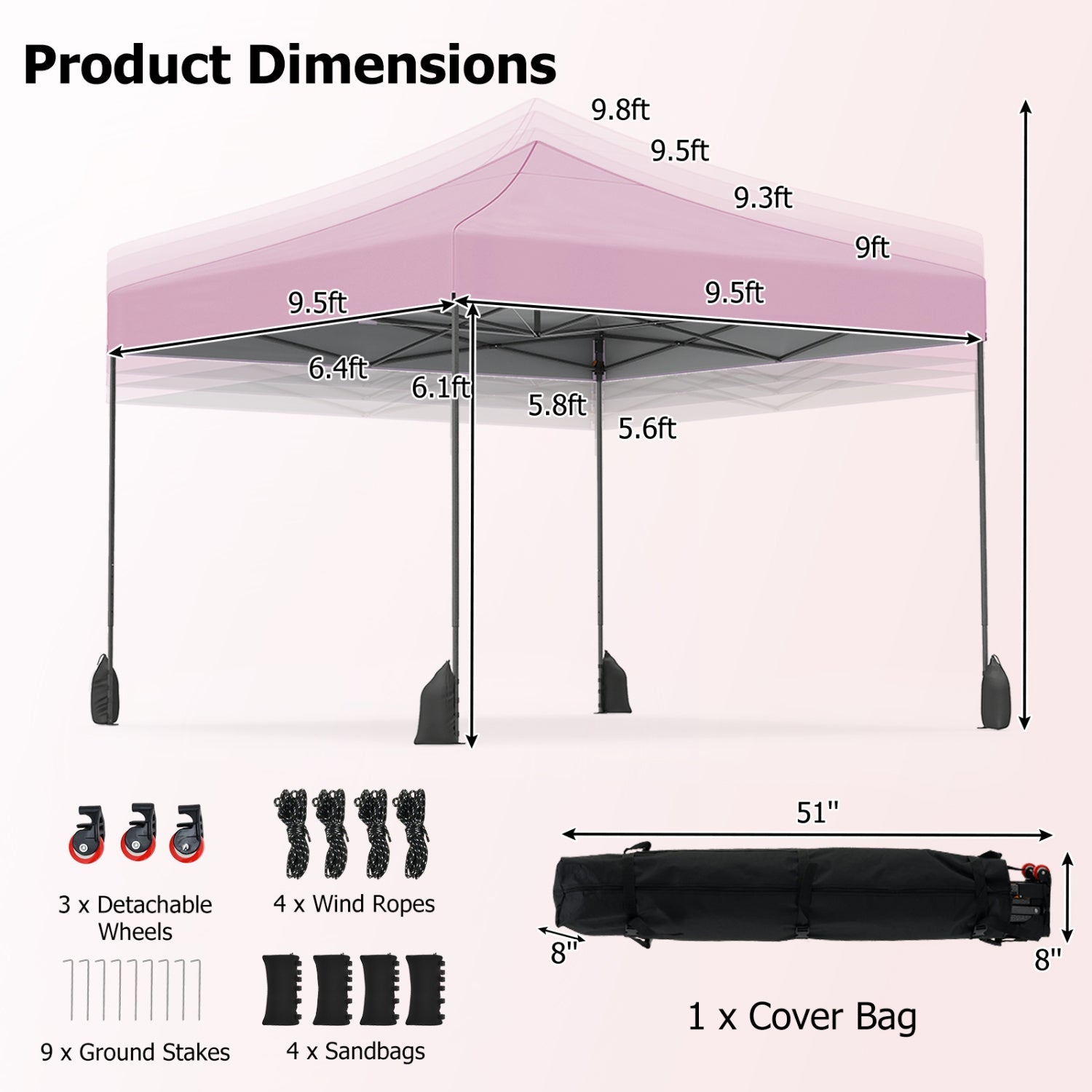 9.5' x 9.5' Pop-Up Canopy Tent with Adjustable Height