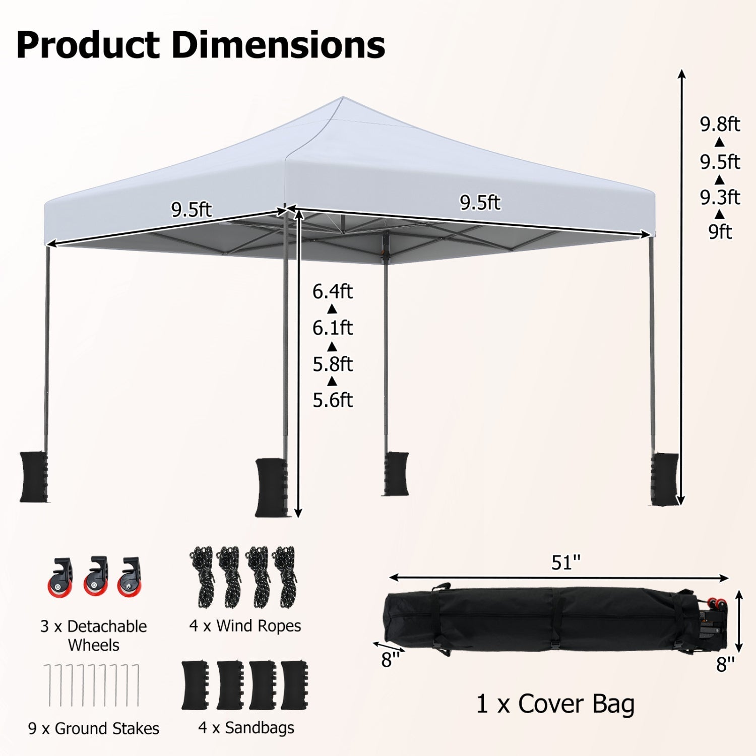 9.5' x 9.5' Pop-Up Canopy Tent with Adjustable Height