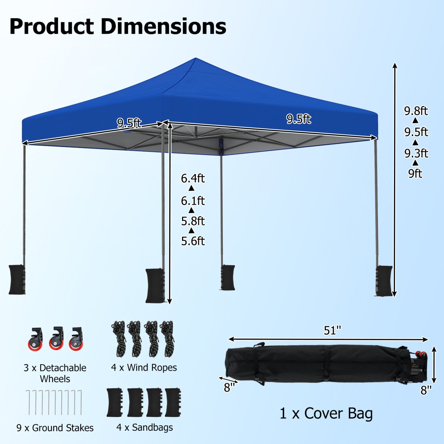 9.5' x 9.5' Pop-Up Canopy Tent with Adjustable Height