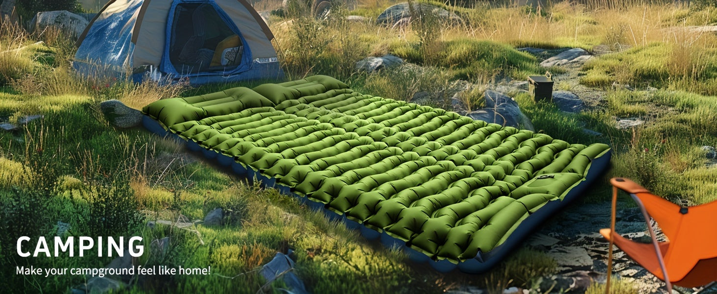 Extra-Thick Double Sleeping Pad – 4" Self-Inflating with Pillows & Foot Pump