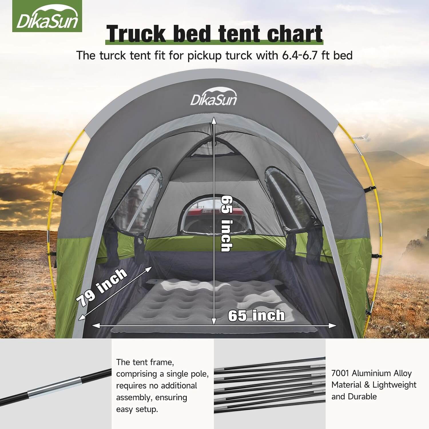 Dikasun Portable Pickup Truck Bed Tent – Green | Fits 5.5–6.7 ft Beds