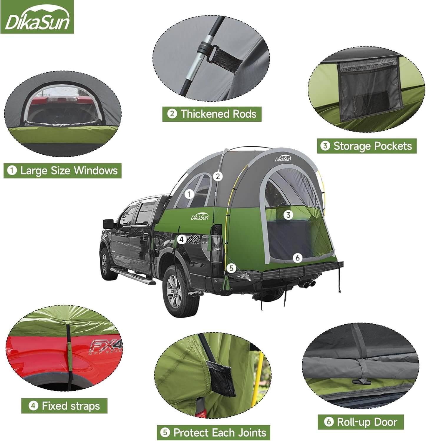 Dikasun Portable Pickup Truck Bed Tent – Green | Fits 5.5–6.7 ft Beds