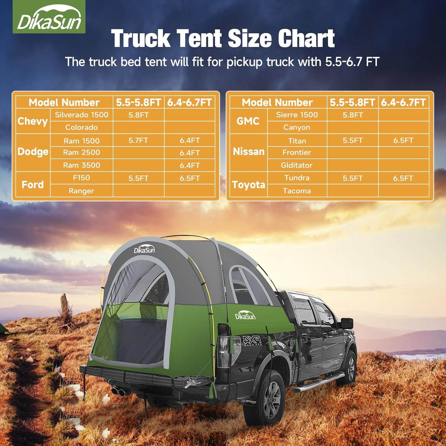 Dikasun Portable Pickup Truck Bed Tent – Green | Fits 5.5–6.7 ft Beds