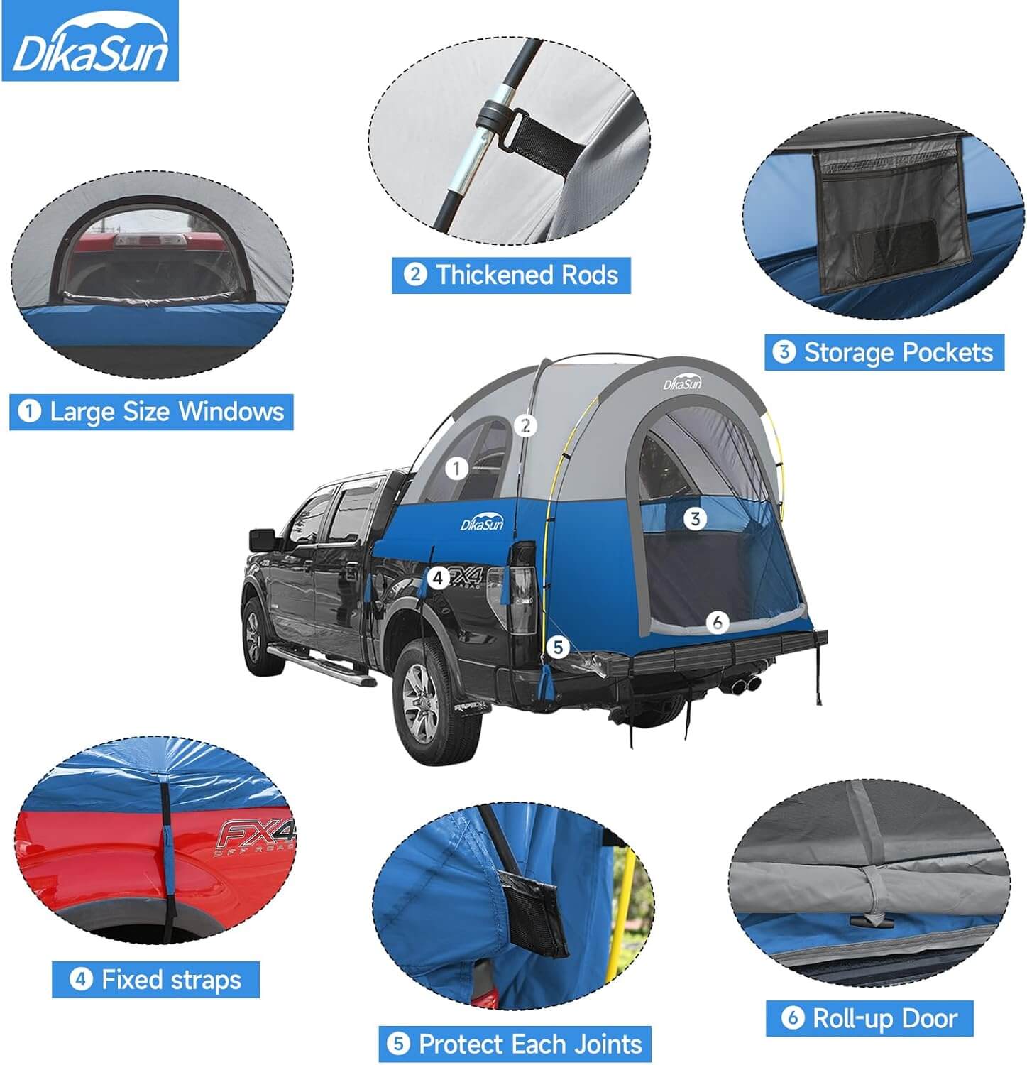 Dikasun Pickup Truck Bed Tent – Blue | Fits 5.5–6.7 ft Beds