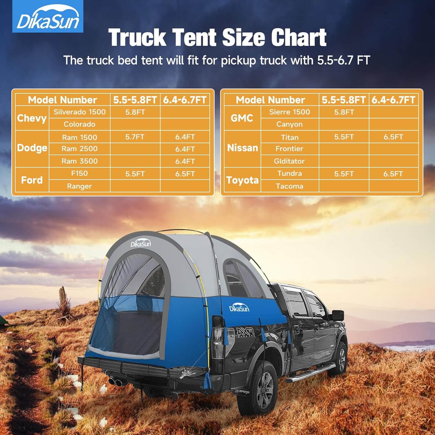 Dikasun Pickup Truck Bed Tent – Blue | Fits 5.5–6.7 ft Beds