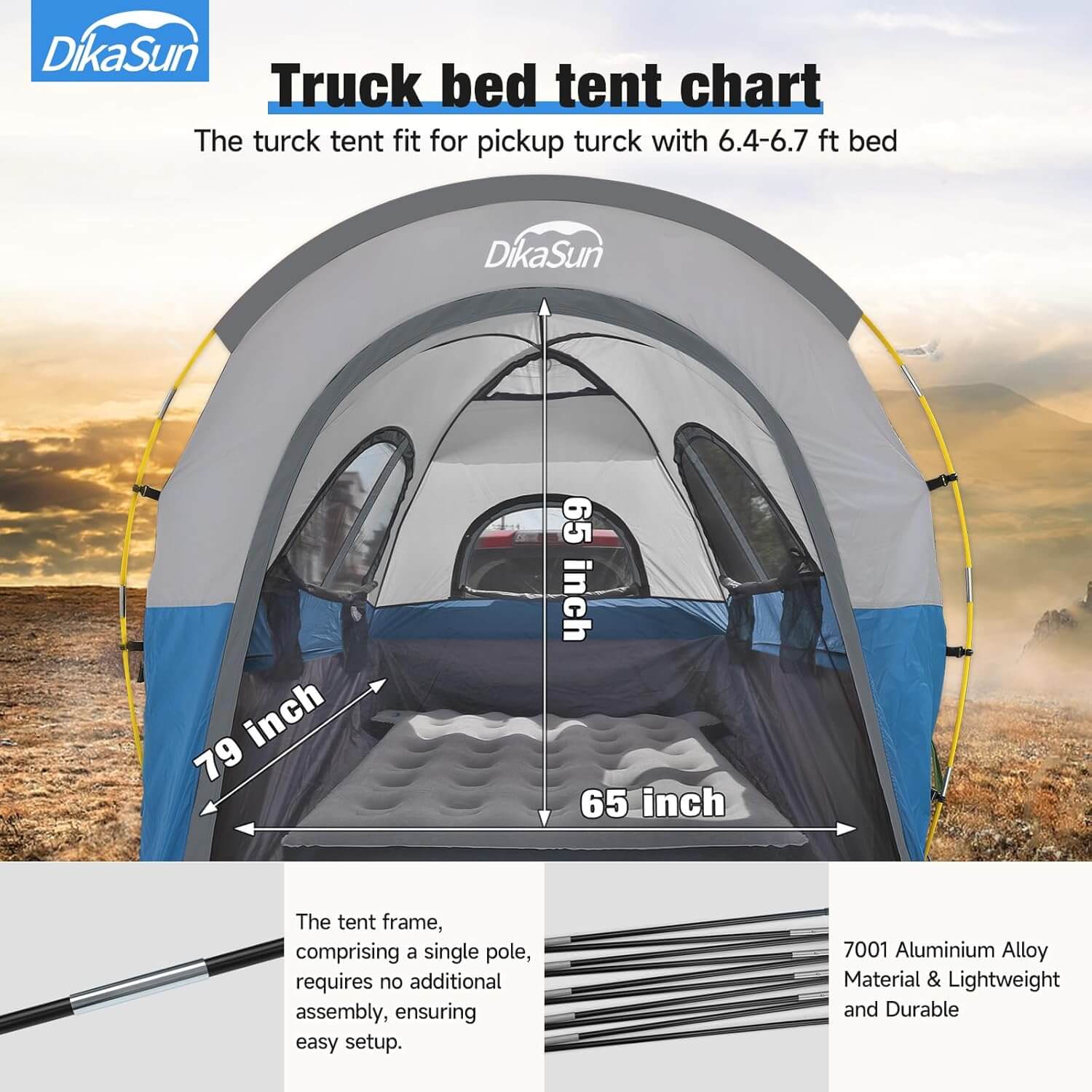 Dikasun Pickup Truck Bed Tent – Blue | Fits 5.5–6.7 ft Beds
